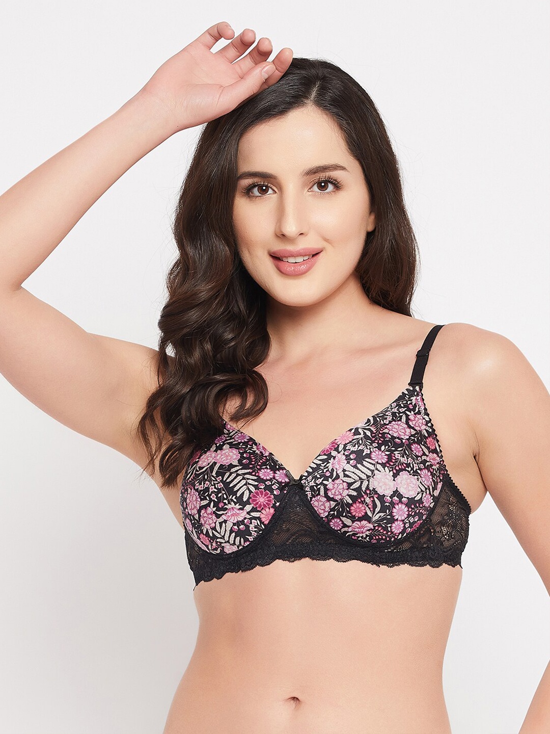 

Clovia Black & Pink Floral Lightly Padded Bra