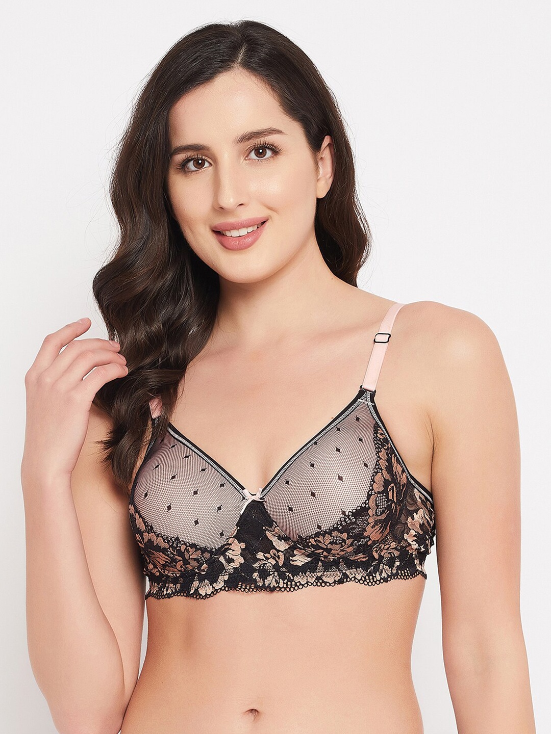 

Clovia Peach-Coloured & Black Lightly Padded Multiway Lace Bra