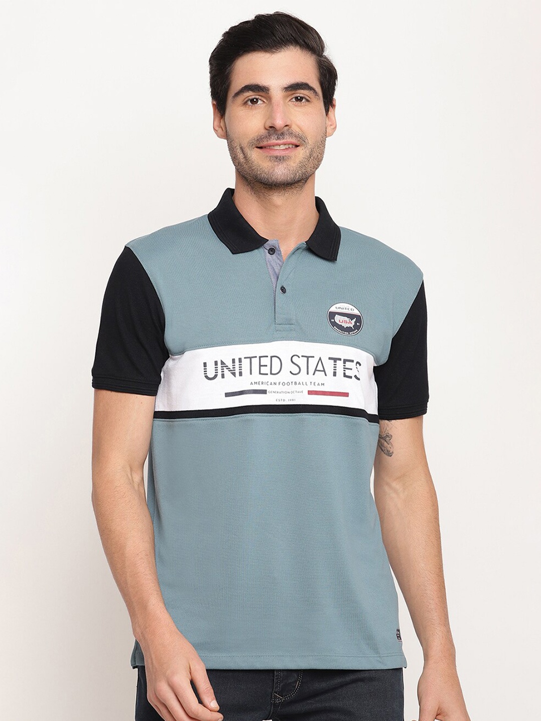 

Octave Men Blue & Black Colourblocked Polo Collar Cotton T-shirt