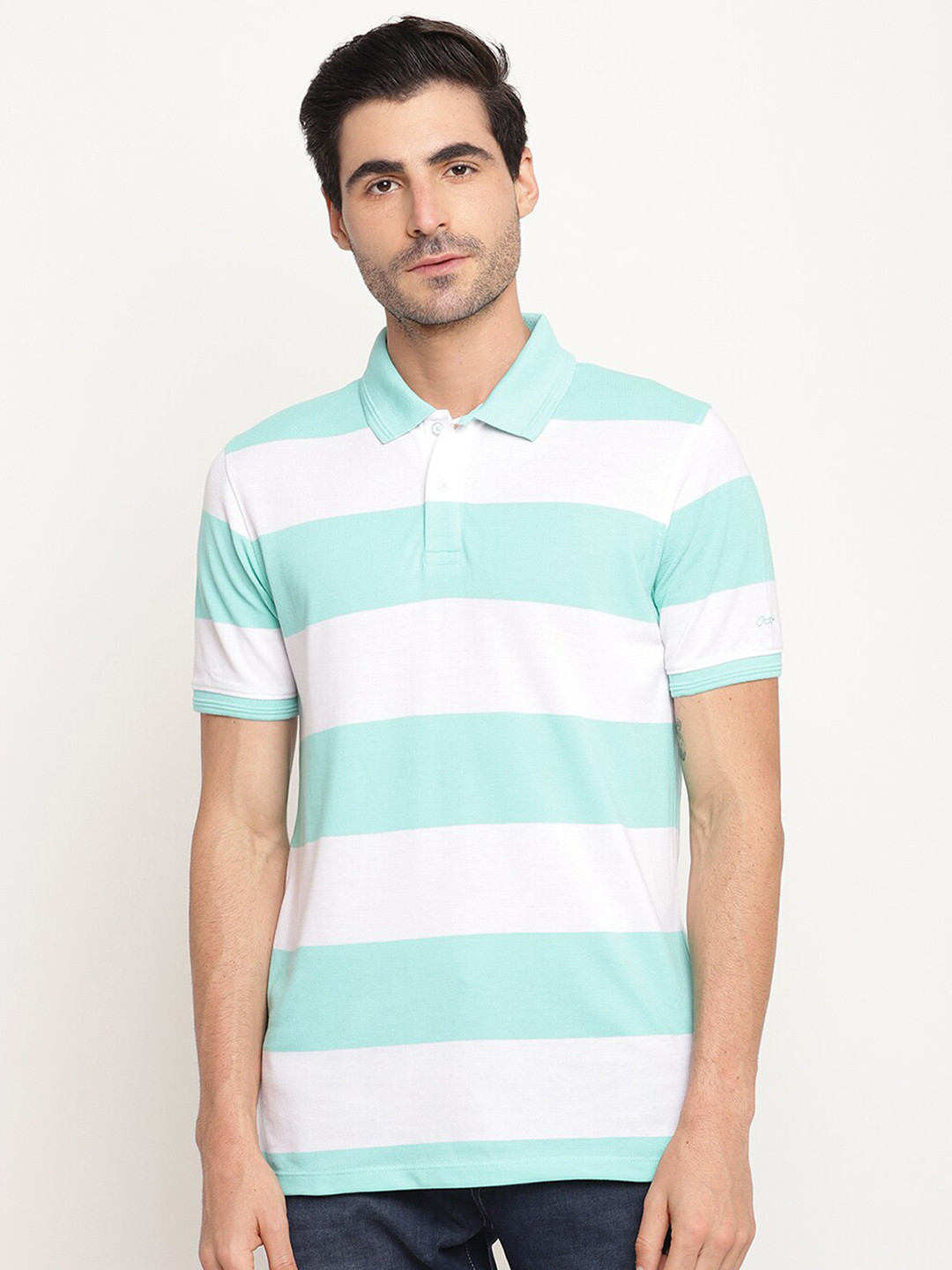 

Octave Men Green & White Striped Polo Collar T-shirt