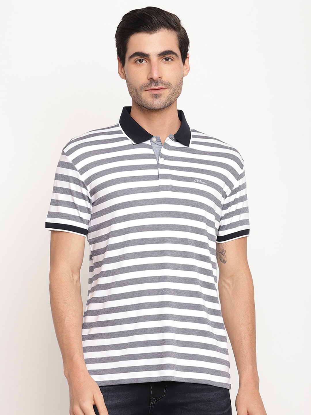 

Octave Men Navy Blue & White Striped Polo Collar T-shirt