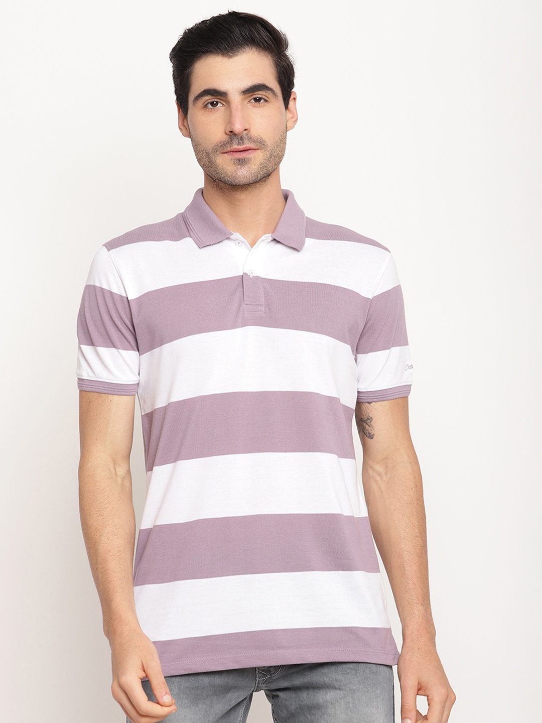 

Octave Men Purple & White Striped Polo Collar Pure Cotton T-shirt