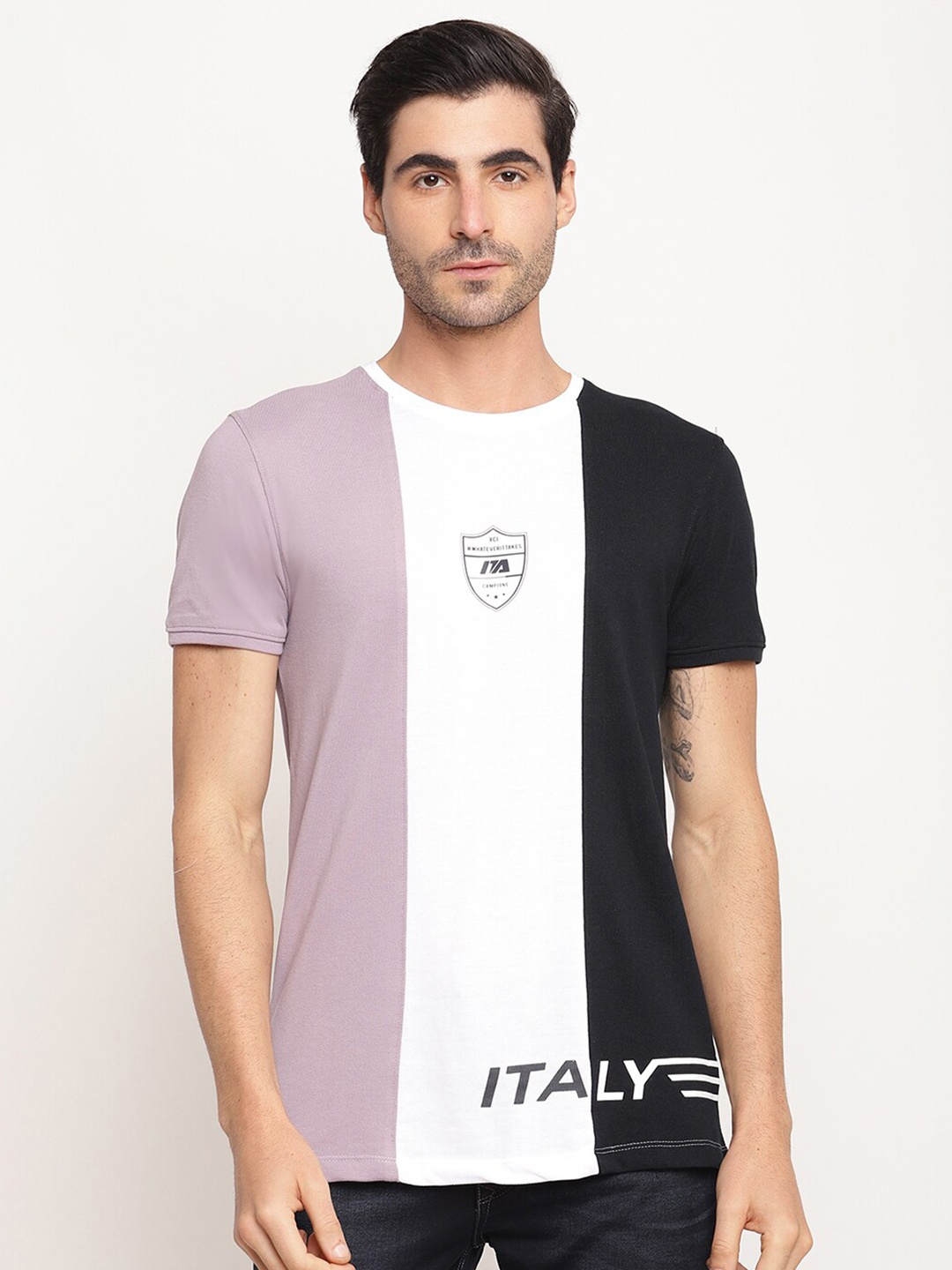 

Octave Men Mauve & White Colourblocked Regular Fit Cotton T-shirt