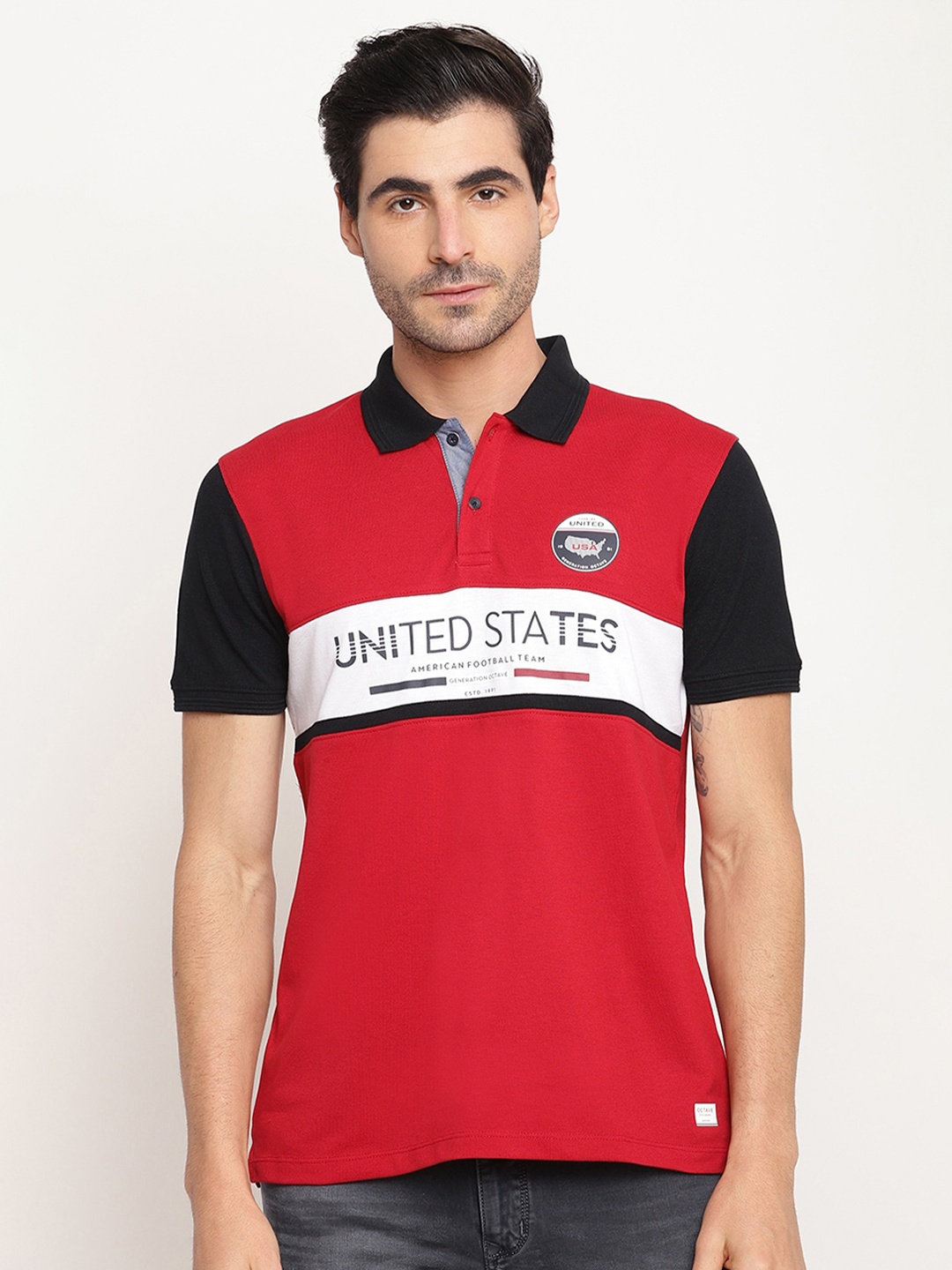 

Octave Men Maroon & White Colourblocked Regular-Fit Polo Collar T-shirt