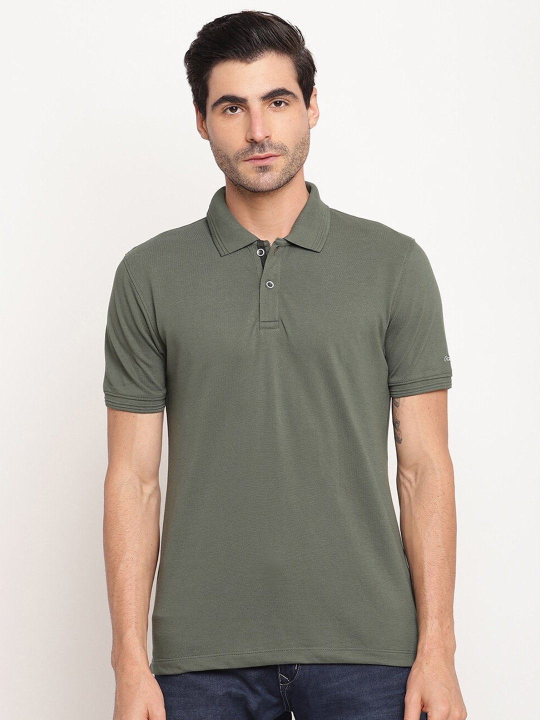 

Octave Men Olive Green Polo Collar Regular Fit Cotton T-shirt