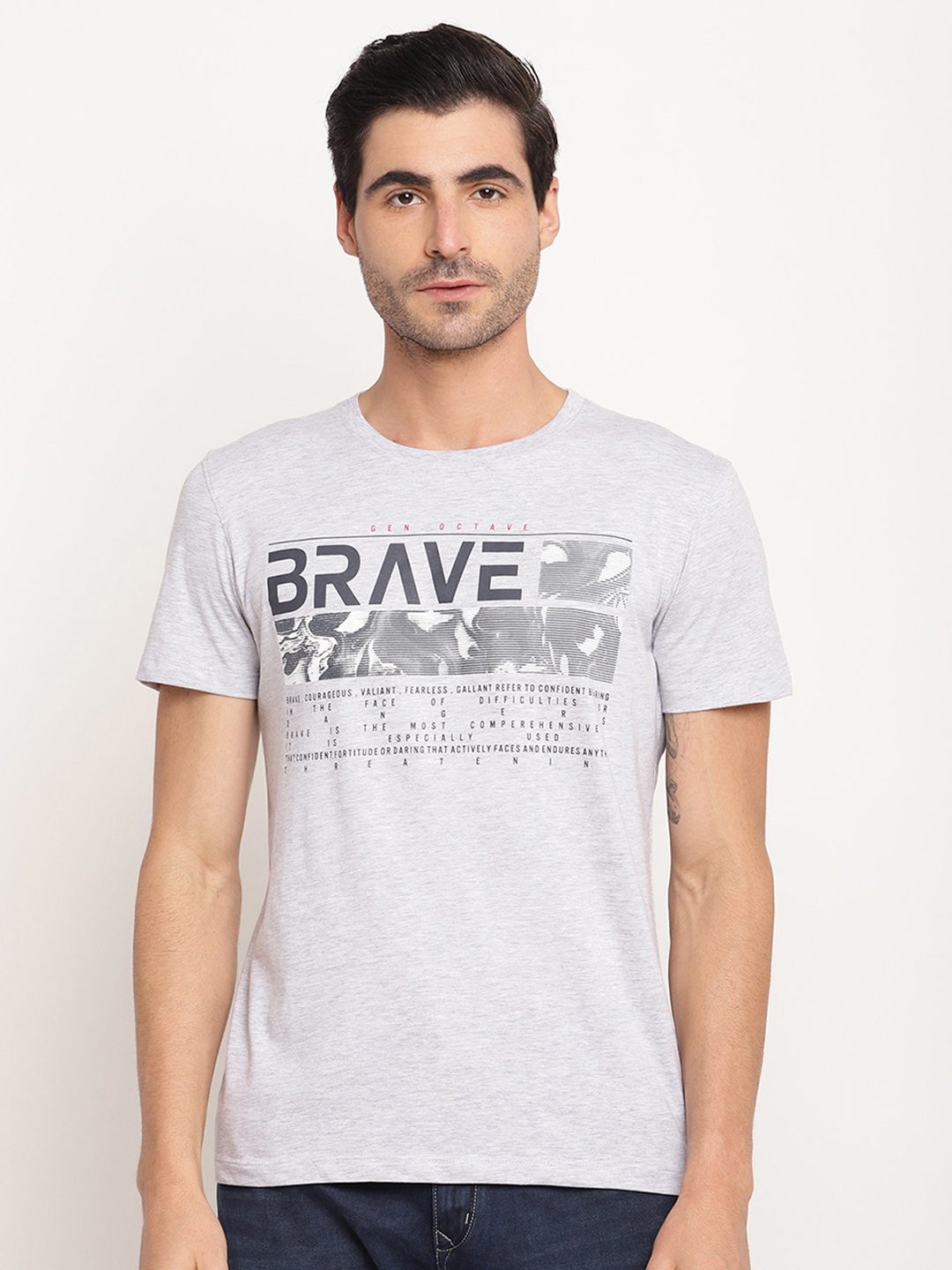 Octave Men Grey Melange Typography Printed T-shirt