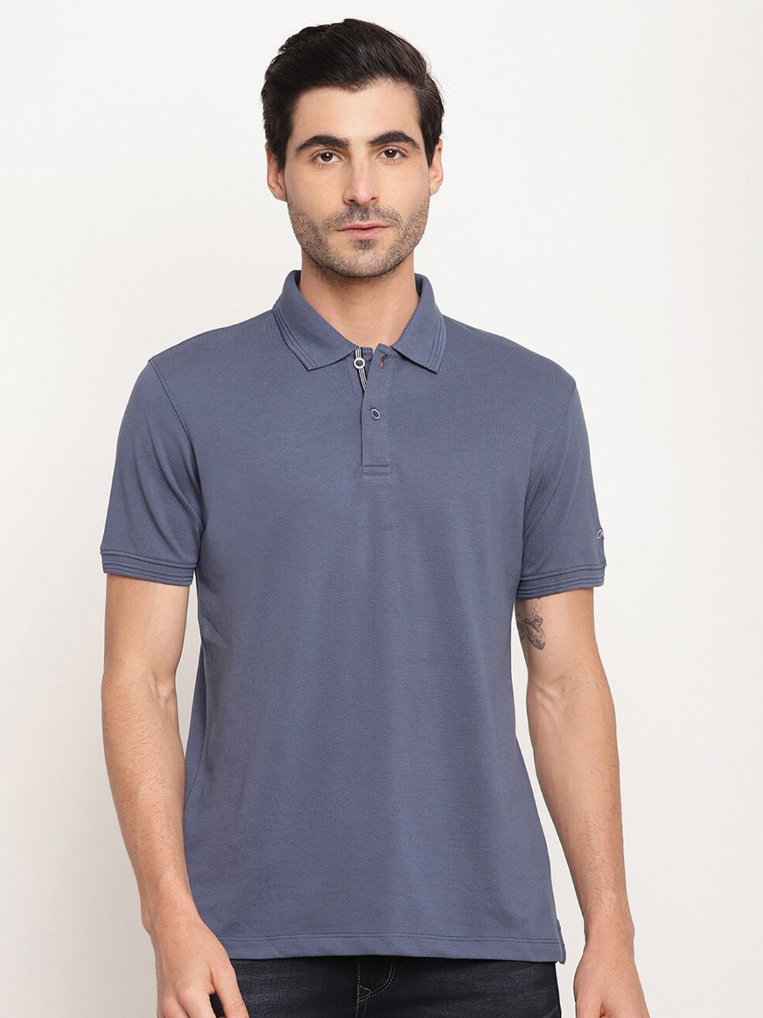 

Octave Men Blue Polo Collar Cotton Applique T-shirt