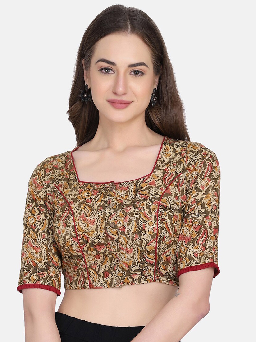 

THE WEAVE TRAVELLER Women Brown & Beige Hand Block Printed Non-Padded Readymade Saree Blouse