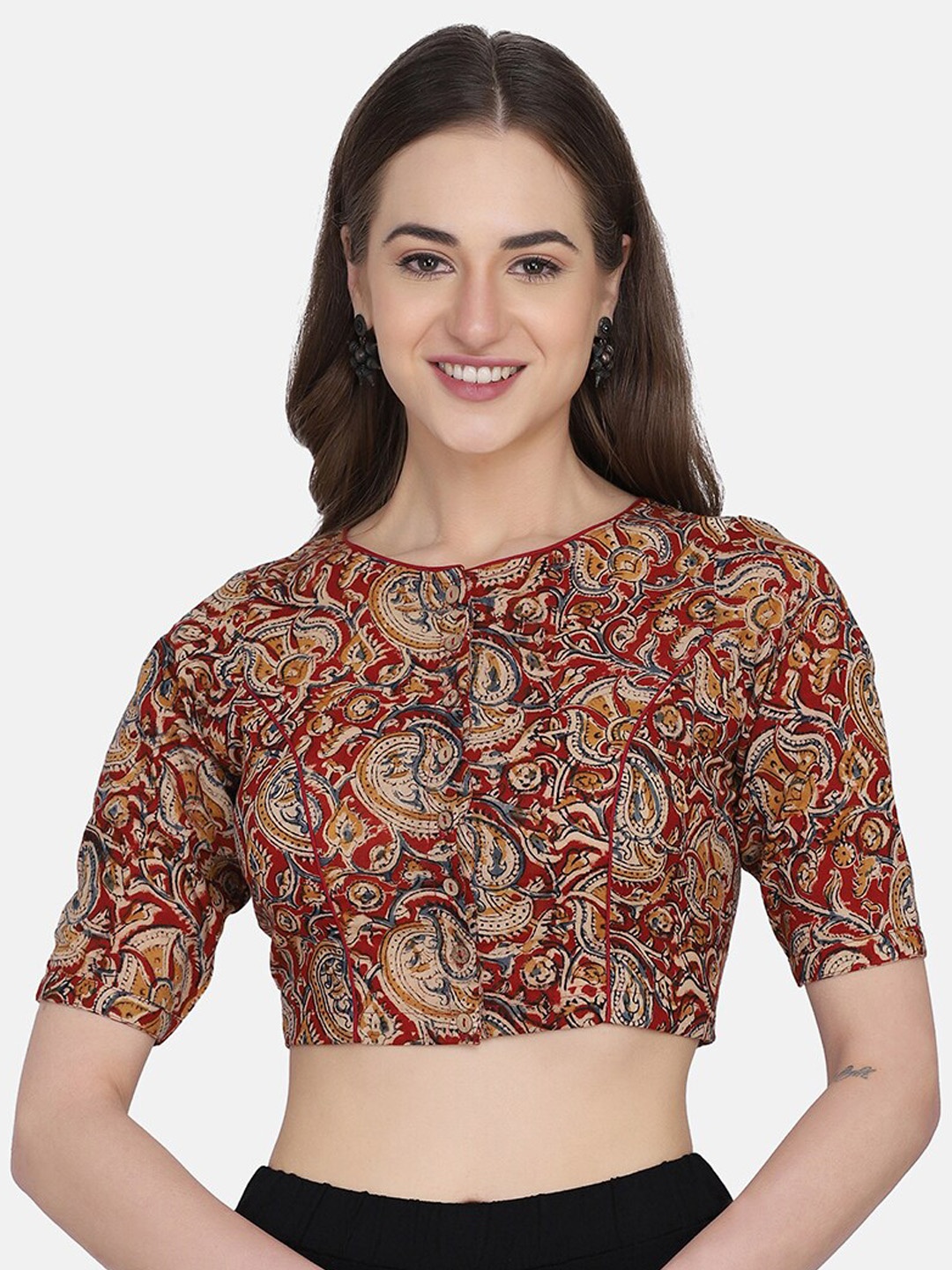 

THE WEAVE TRAVELLER Red & Beige Kalamkari Printed Cotton Non-Padded Readymade Saree Blouse
