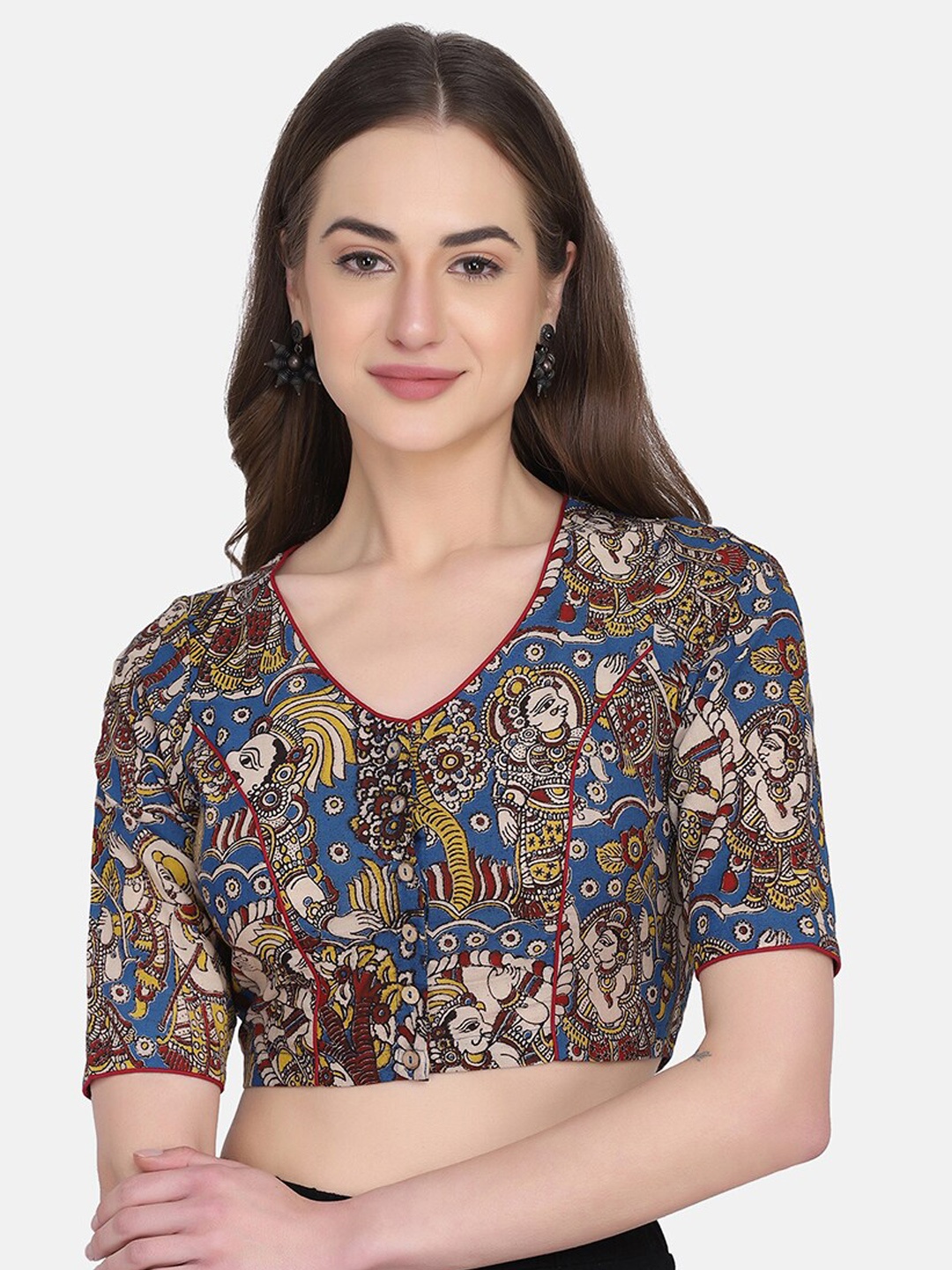 

THE WEAVE TRAVELLER Women Blue & Maroon Block Printed Kalamkari Non Padded Saree Blouse