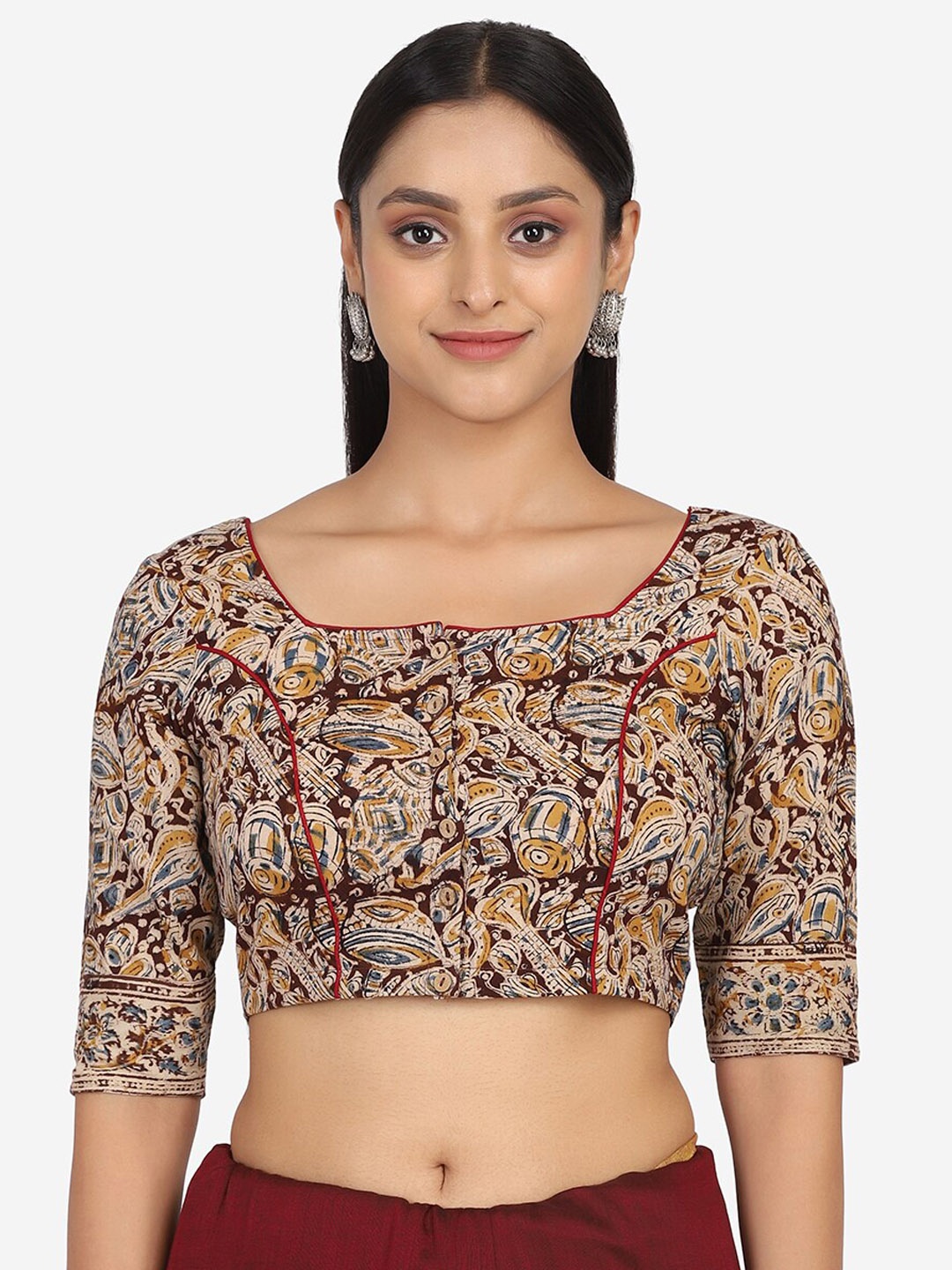 

THE WEAVE TRAVELLER Women Brown & Beige Kalamkari Printed Cotton Saree Blouse