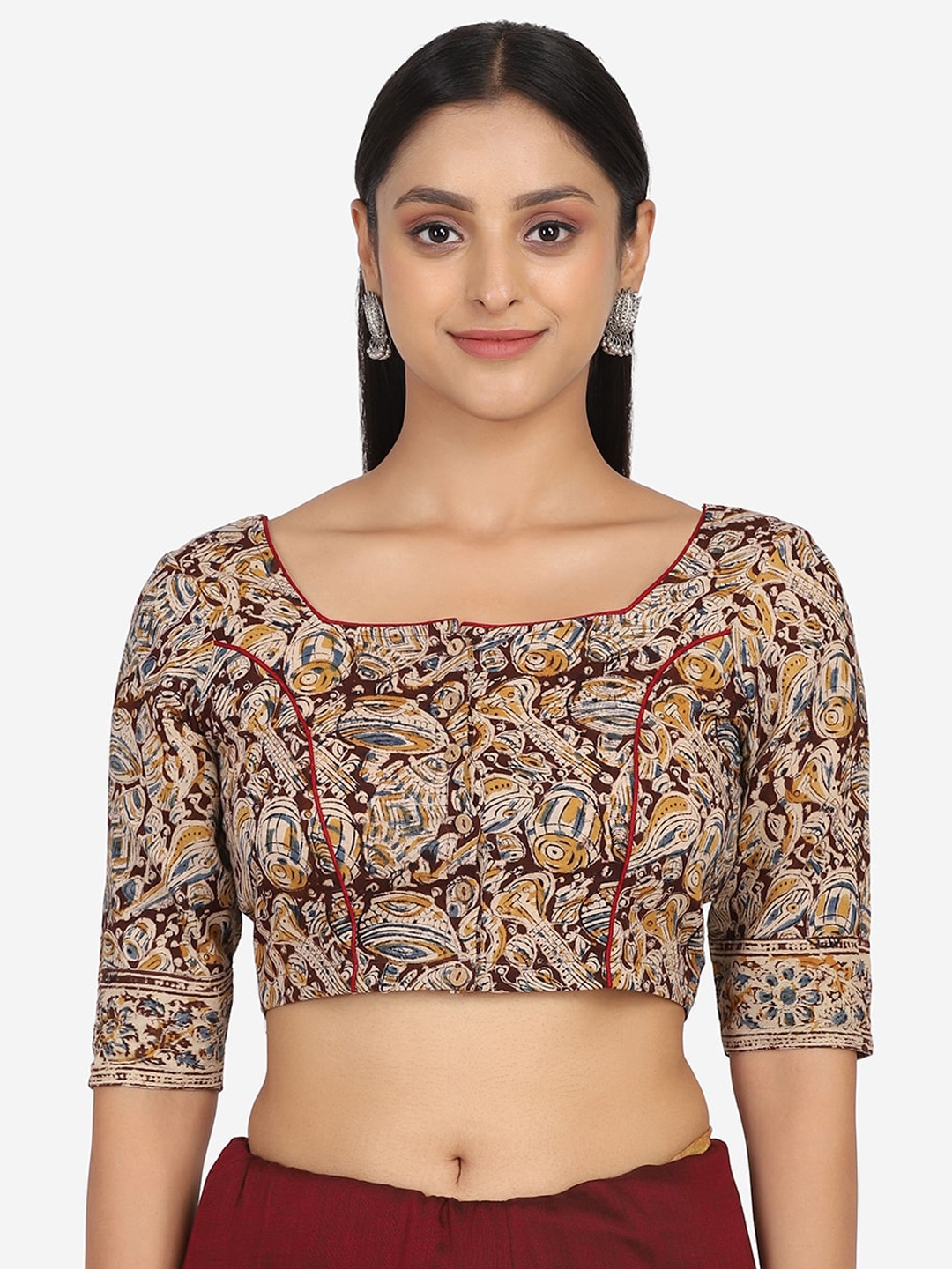 

THE WEAVE TRAVELLER Women Brown & Blue Kalamkari Printed Non Paded Cotton Saree Blouse