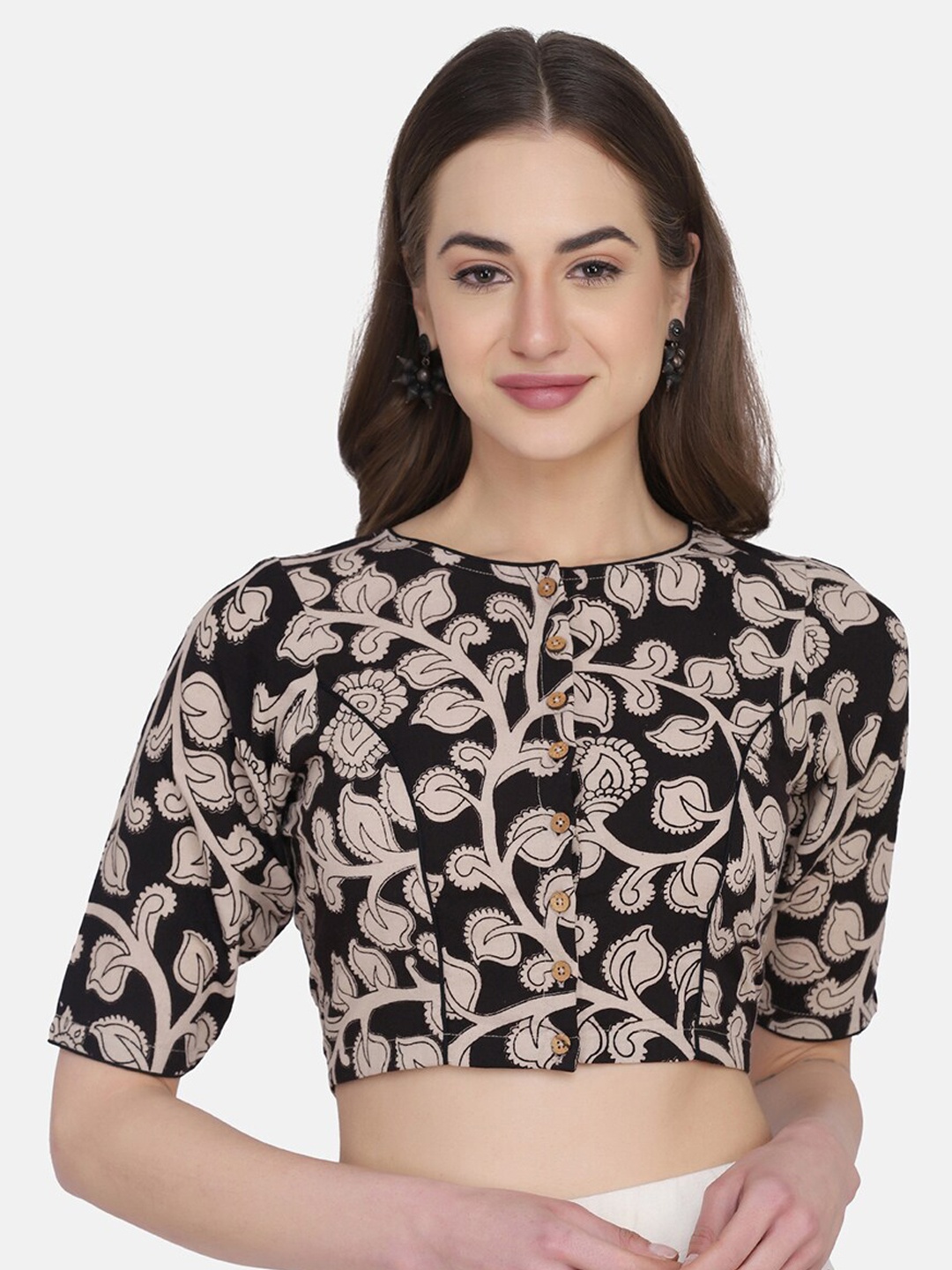 

THE WEAVE TRAVELLER Black & Beige Block Printed Cotton Saree Blouse