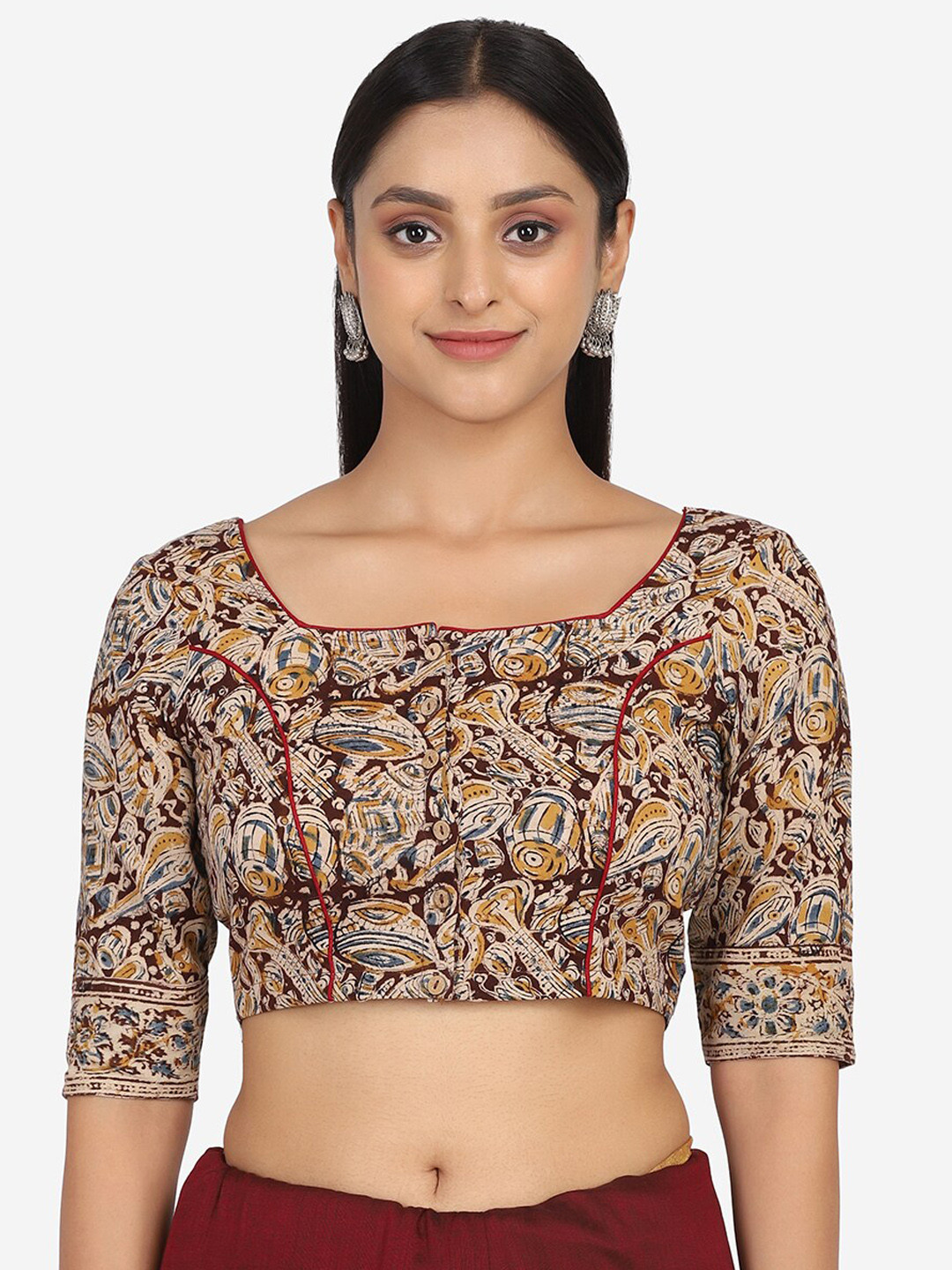 

THE WEAVE TRAVELLER Women Brown & Beige Kalamkari Printed Cotton Saree Blouse