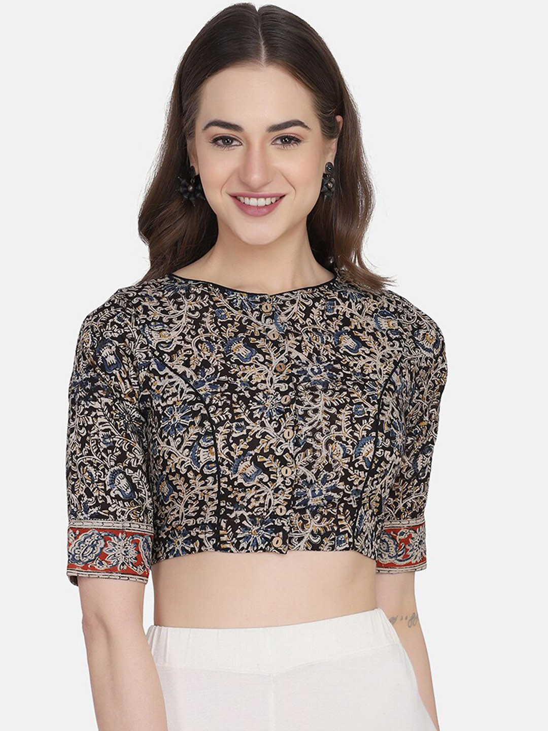 

THE WEAVE TRAVELLER Women Black & Blue Kalamkari Hand Block Printed Cotton Saree Blouse