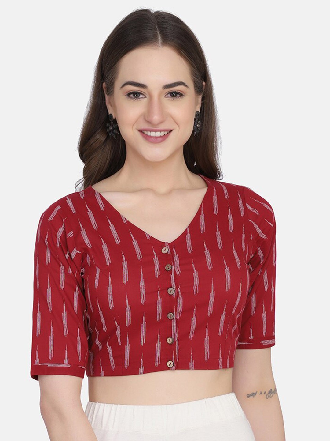 

THE WEAVE TRAVELLER Women Maroon Printed Non-Padded Readymade Saree Blouse
