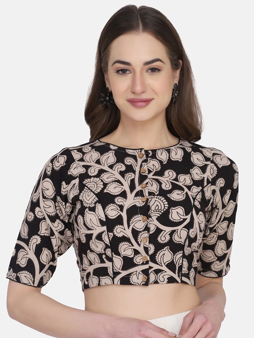 

THE WEAVE TRAVELLER Women Black & Beige Kalamkari Printed Cotton Saree Blouse