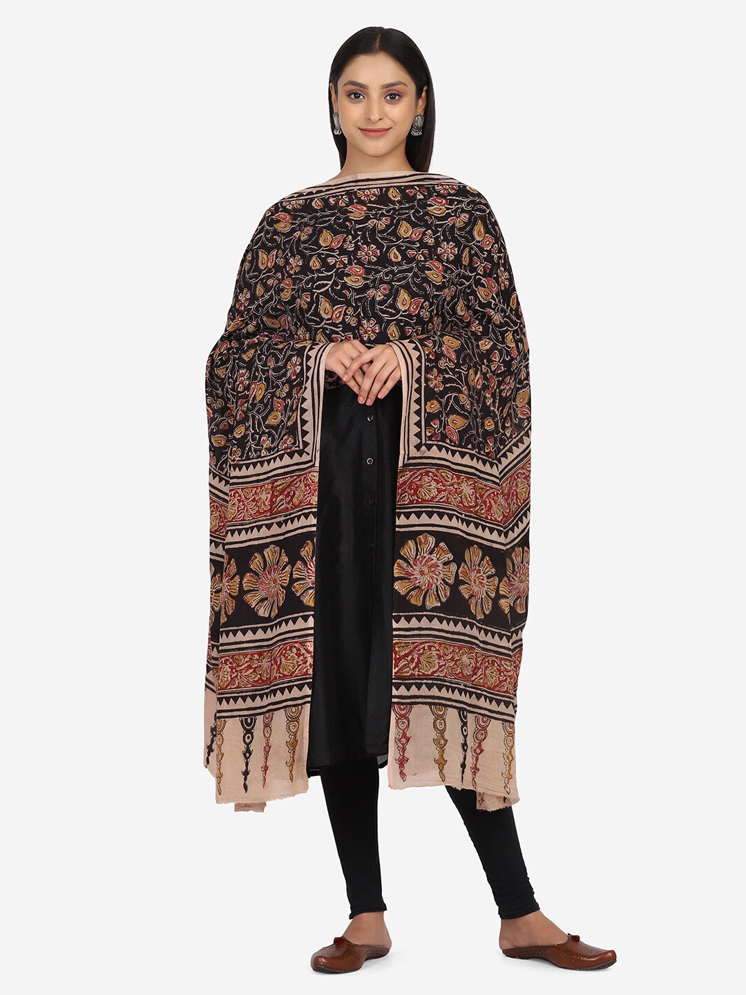 

THE WEAVE TRAVELLER Black & Maroon Ethnic Motifs Printed Pure Cotton Kalamkari Dupatta