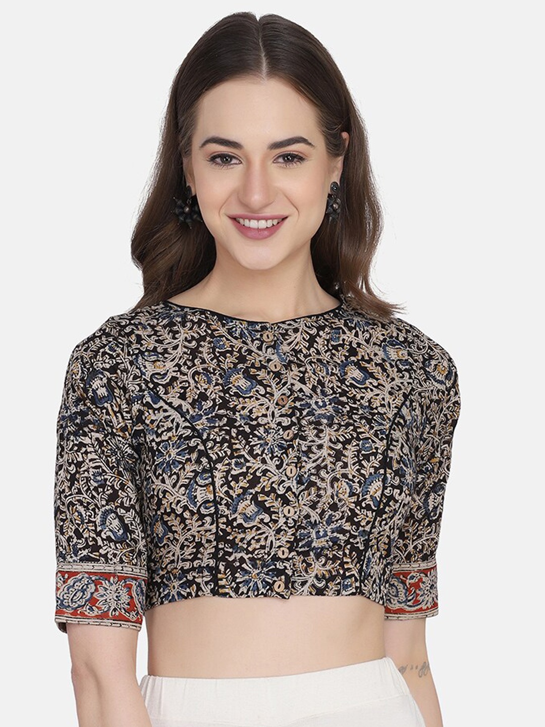

THE WEAVE TRAVELLER Black & Beige Kalamkari Hand Block Printed Cotton Saree Blouse