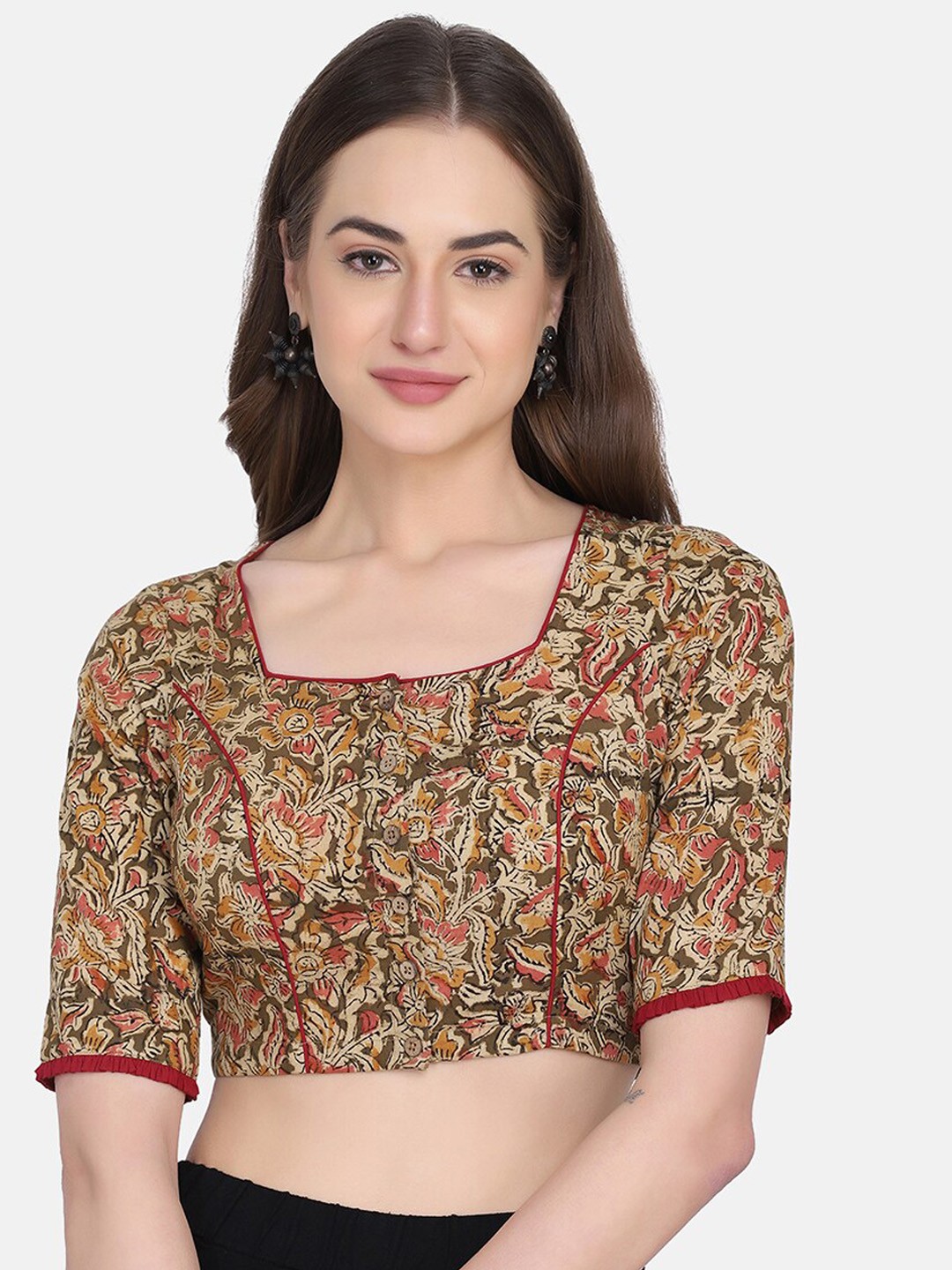 

THE WEAVE TRAVELLER Women Brown & Olive Green Kalamkari Printed Cotton Saree Blouse