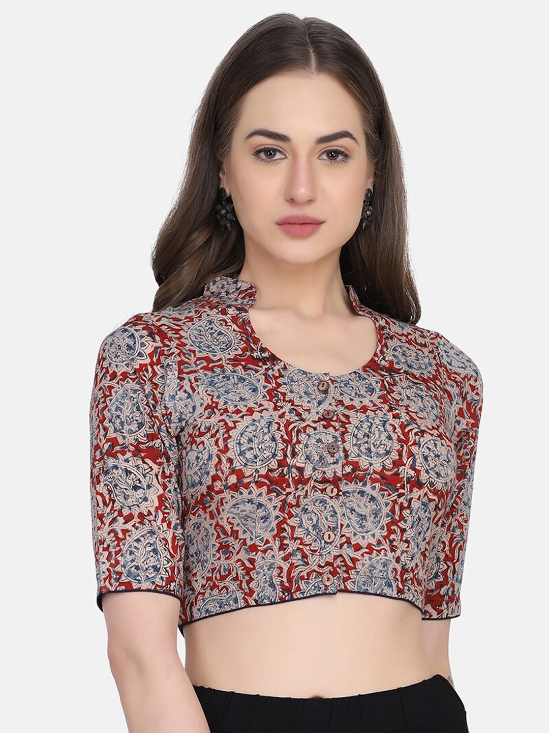 

THE WEAVE TRAVELLER Women Red & Blue Hand Block Printed Cotton Saree Blouse
