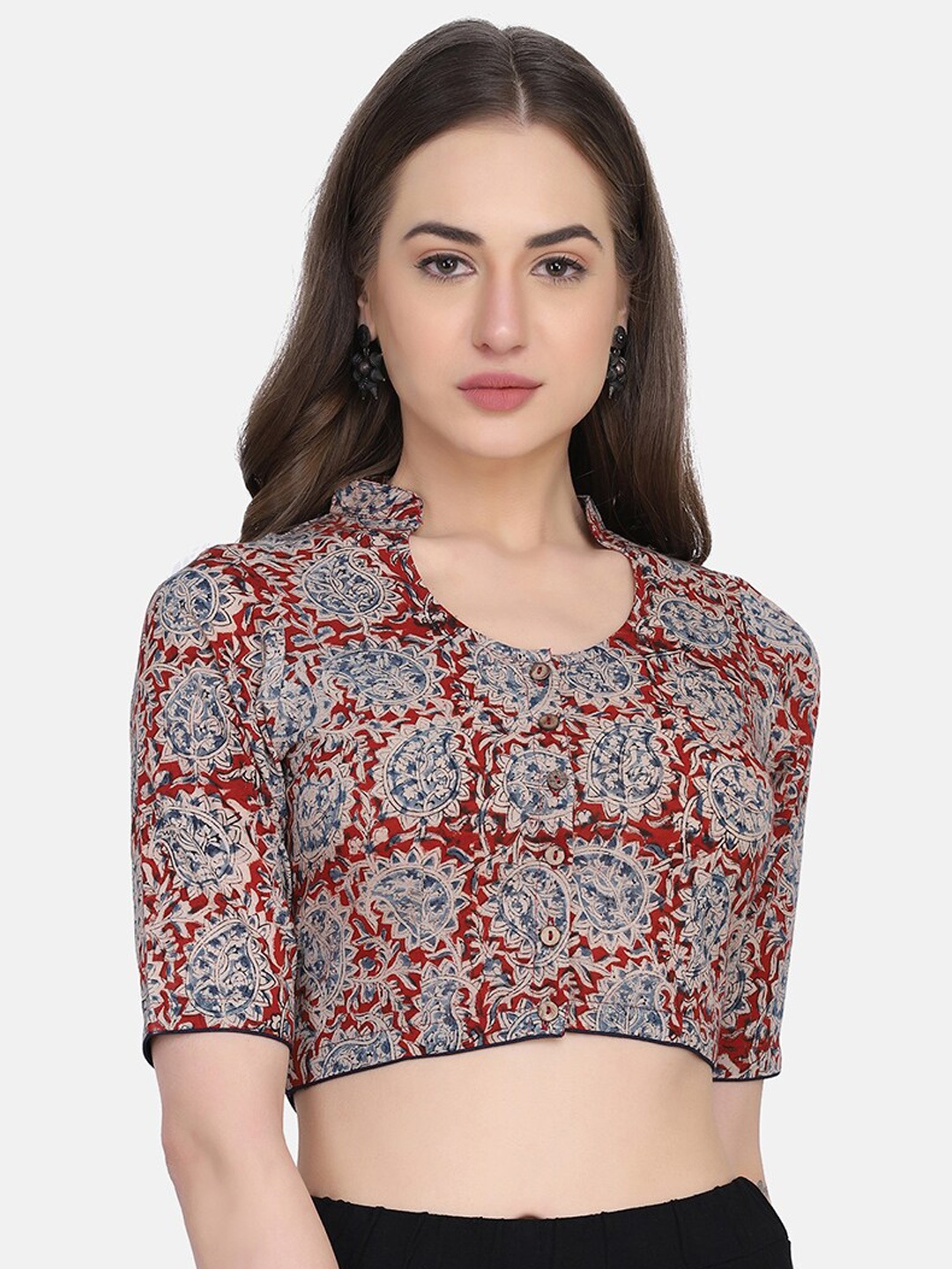 

THE WEAVE TRAVELLER Red Kalamkari Printed Cotton Saree Blouse