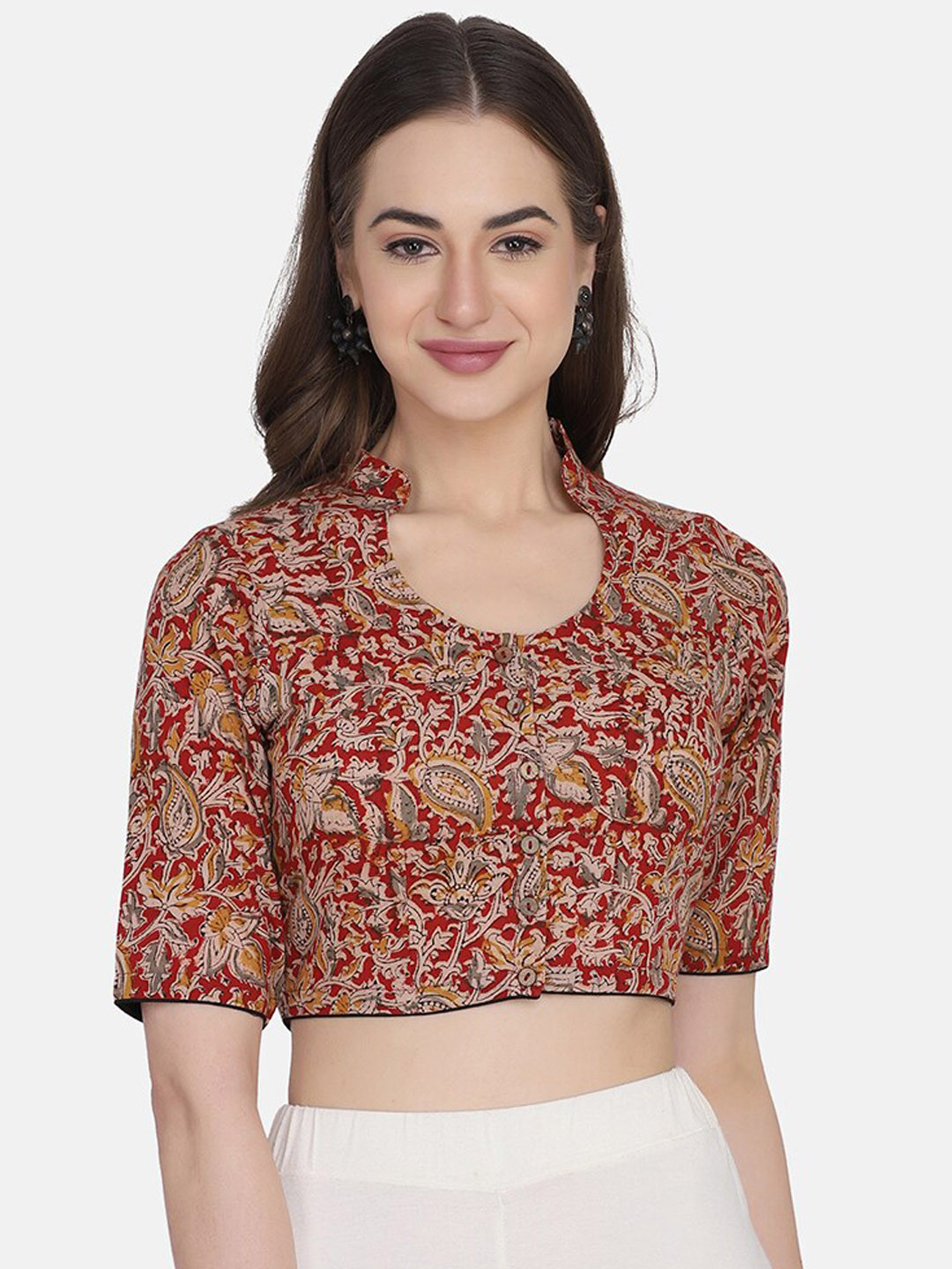 

THE WEAVE TRAVELLER Women Red & Beige Hand Block Printed Cotton Saree Blouse