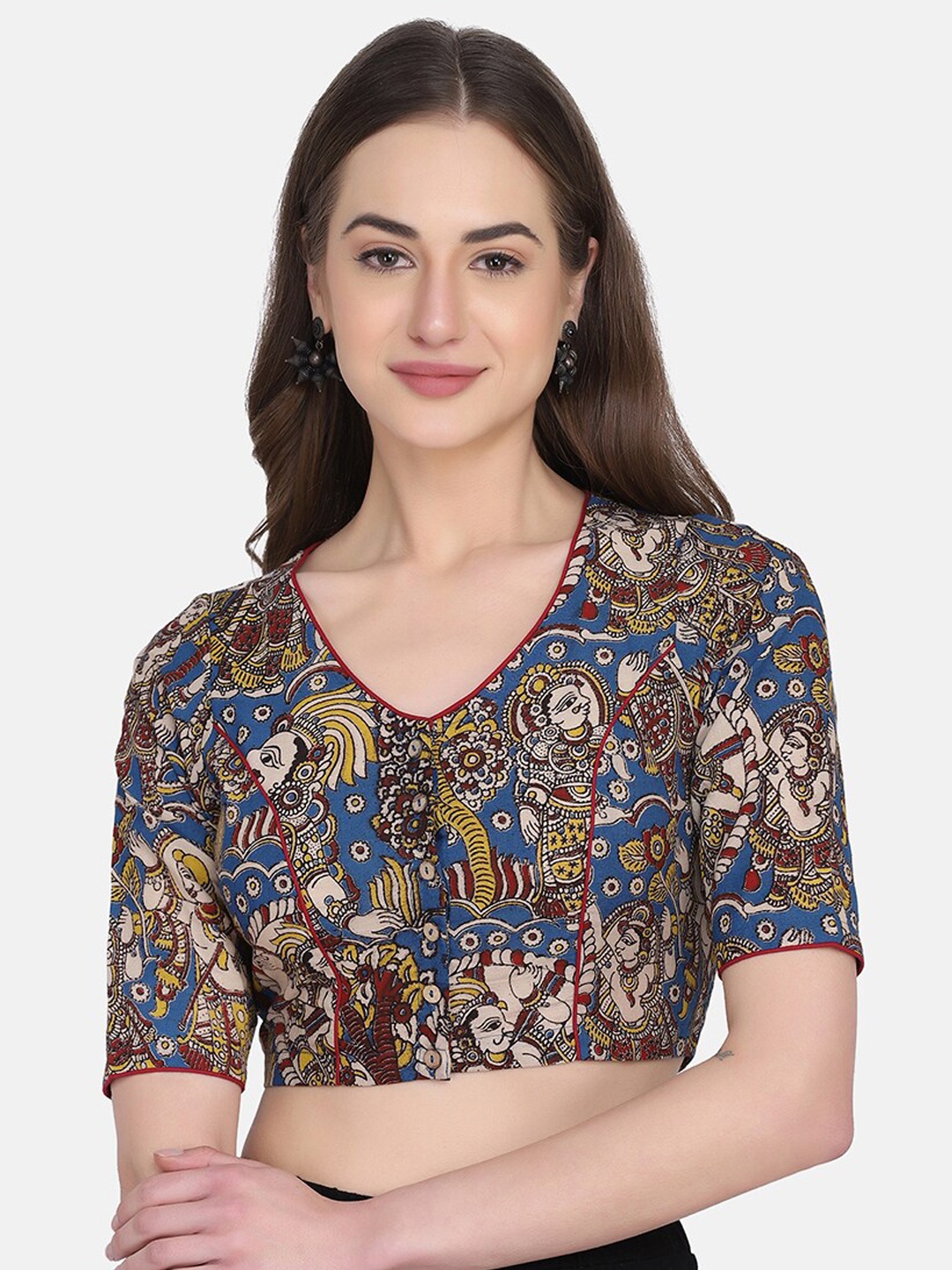 

THE WEAVE TRAVELLER Women Blue & Maroon Kalamkari Printed Cotton Saree Blouse