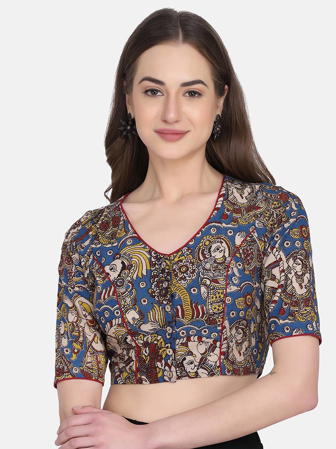 

THE WEAVE TRAVELLER Women Blue Kalamkari Non Padded Block Printed Cotton Saree Blouse