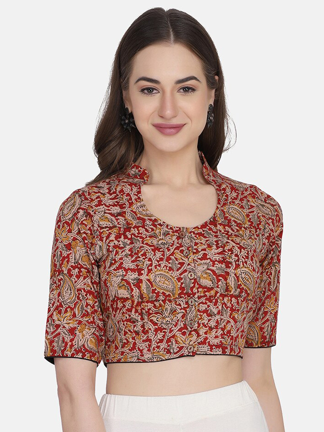

THE WEAVE TRAVELLER Women Red Kalamkari Block Printed Cotton Saree Blouse
