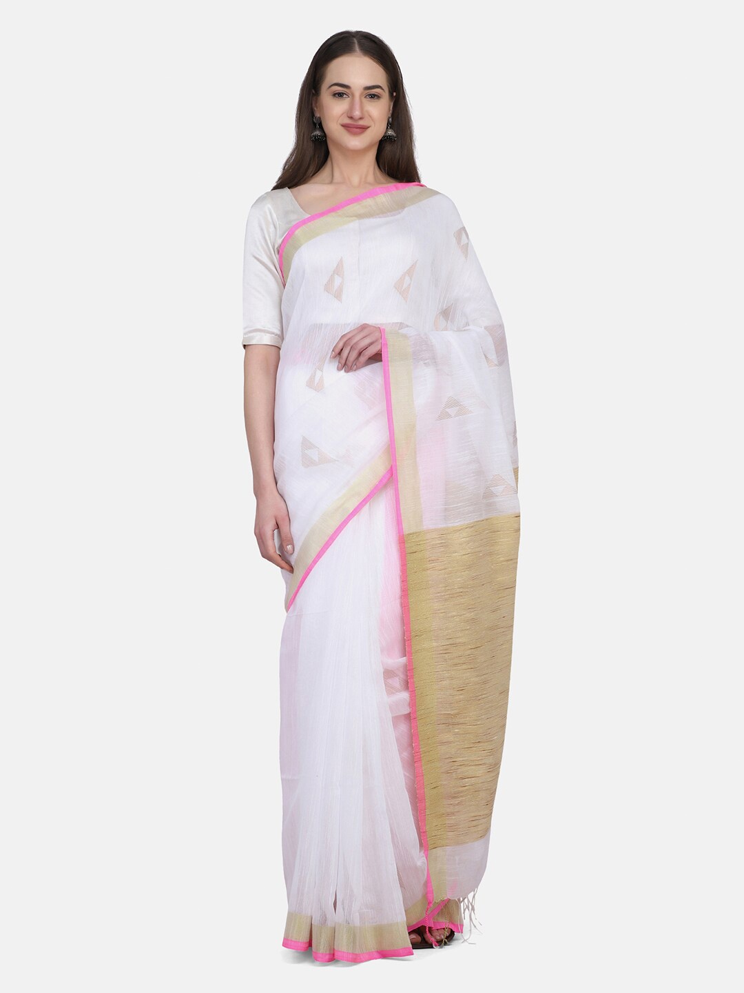 

THE WEAVE TRAVELLER White & Pink Gold-Toned Geometric Woven Design Jamdani Saree