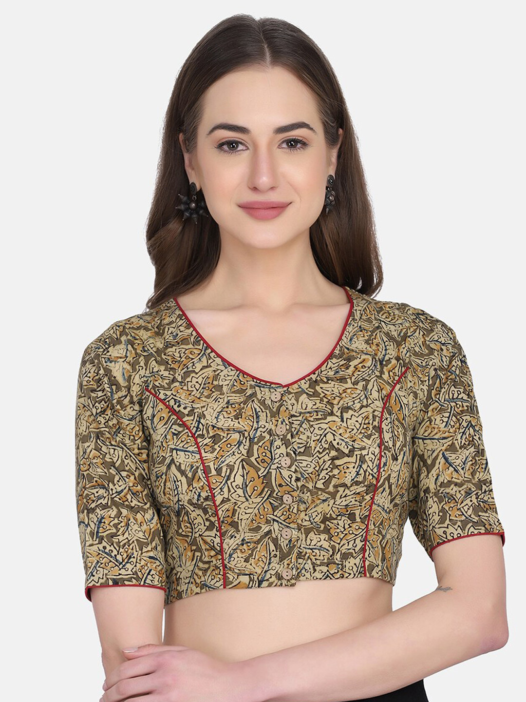 

THE WEAVE TRAVELLER Women Brown Kalamkari Printed Cotton Saree Blouse