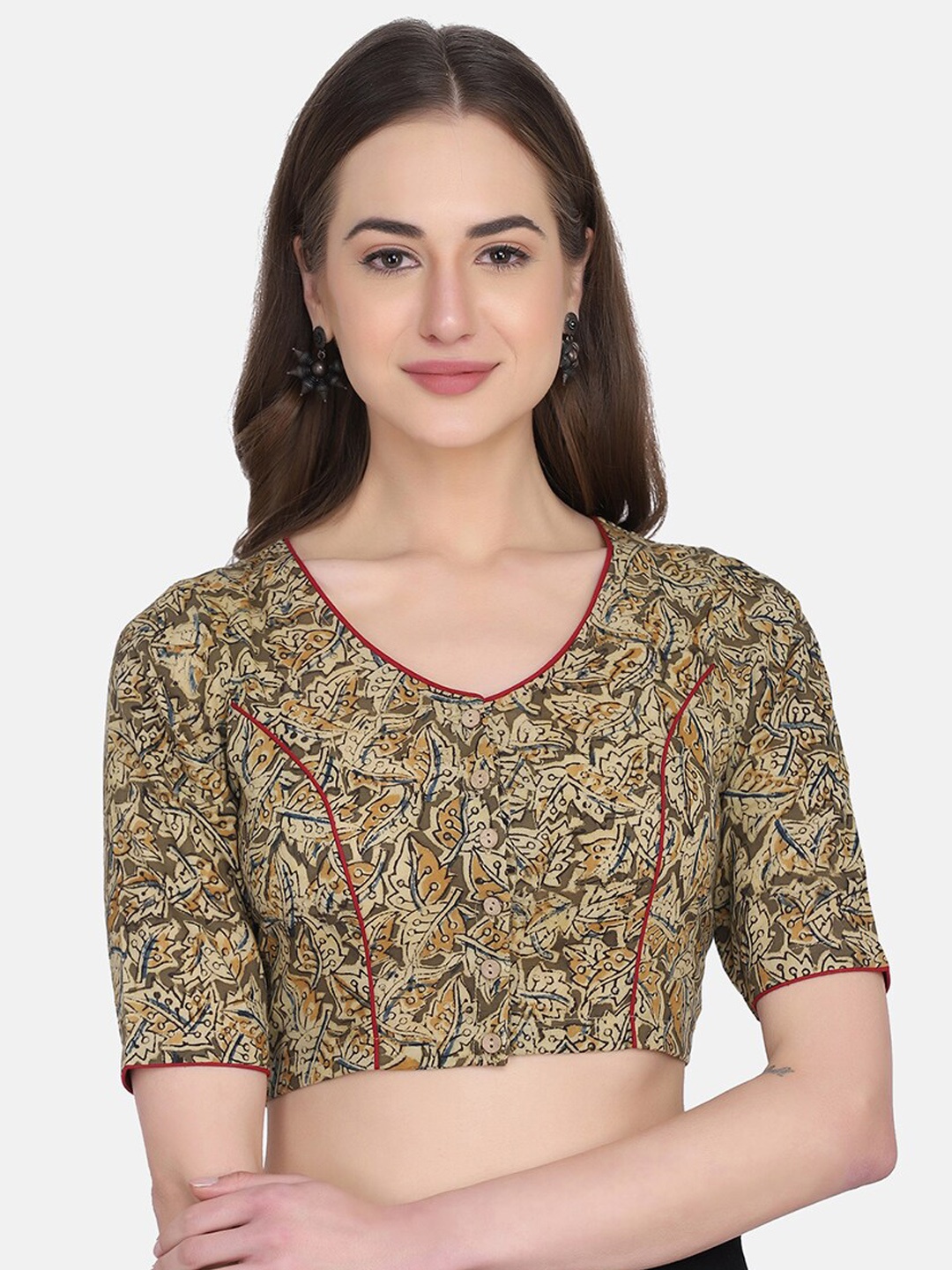 

THE WEAVE TRAVELLER Women Brown Kalamkari Printed Cotton Non-Padded Readymade Saree Blouse
