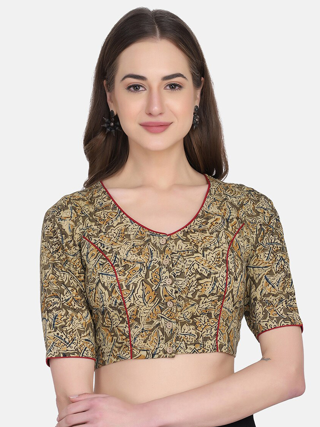 

THE WEAVE TRAVELLER Women Camel Brown Hand Block Printed Cotton Saree Blouse