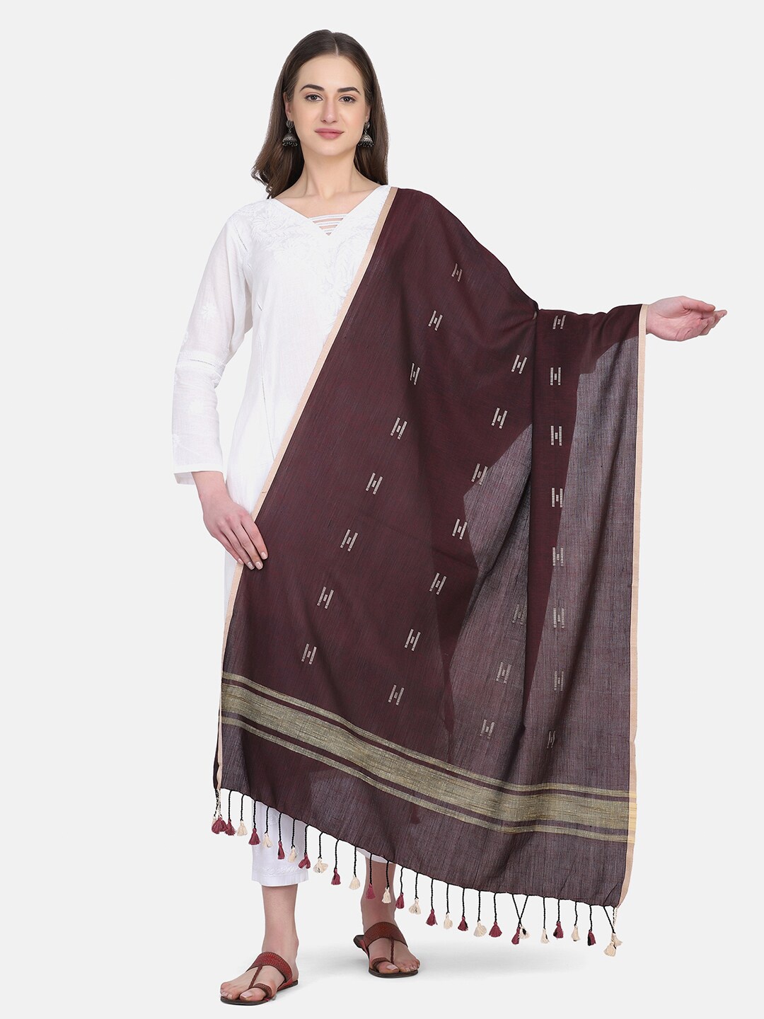 

THE WEAVE TRAVELLER Maroon & Grey Woven Design Handloom Dupatta