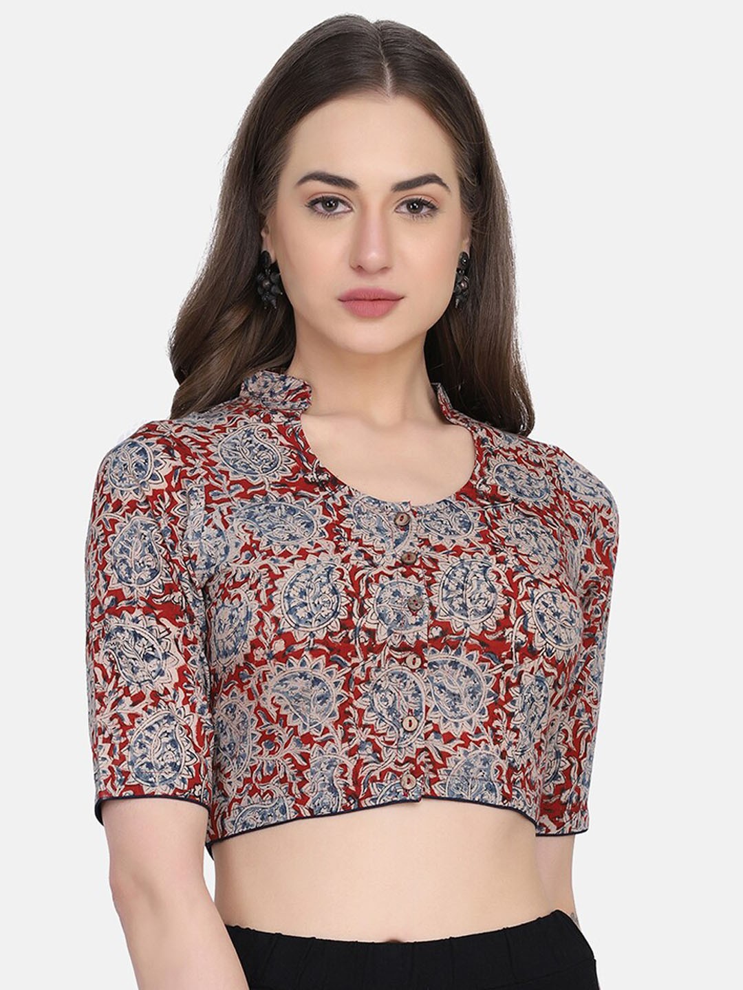 

THE WEAVE TRAVELLER Women Red Kalamkari Printed Cotton Non-Padded Readymade Saree Blouse