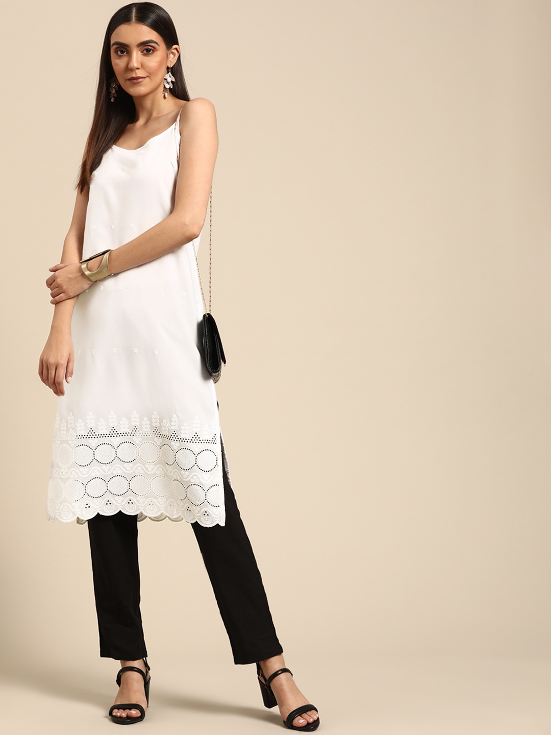 

Anouk Women White Pure Cotton Thread Work Kurta
