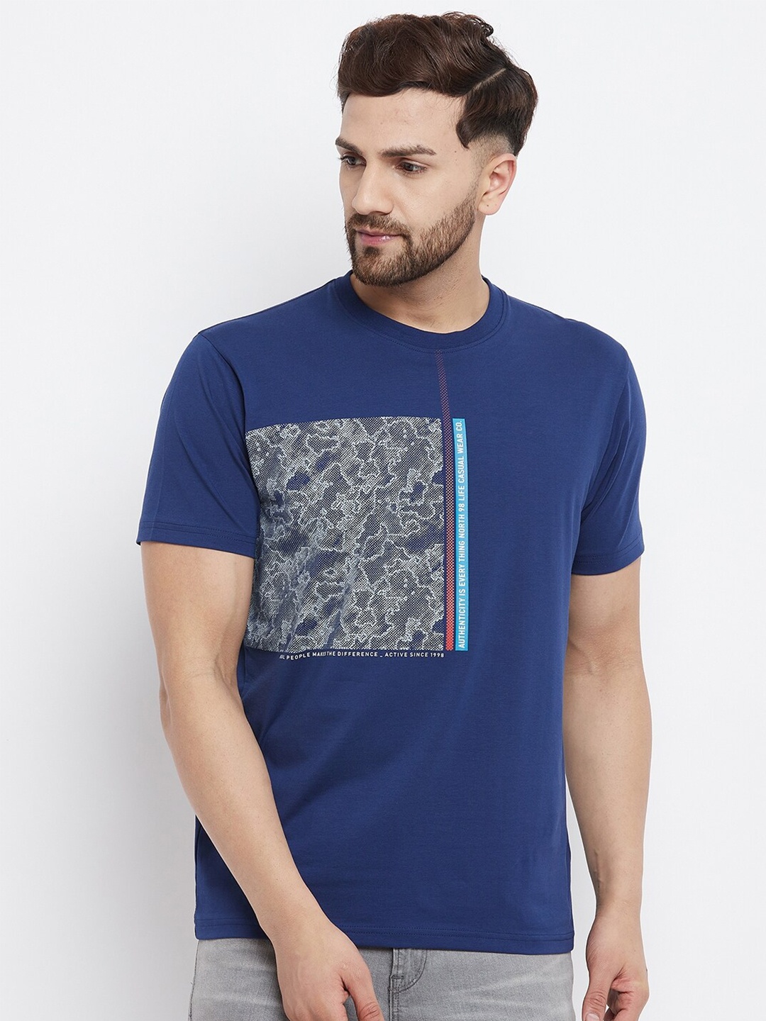 

98 Degree North Men Navy Blue Printed Pure Cotton T-shirt