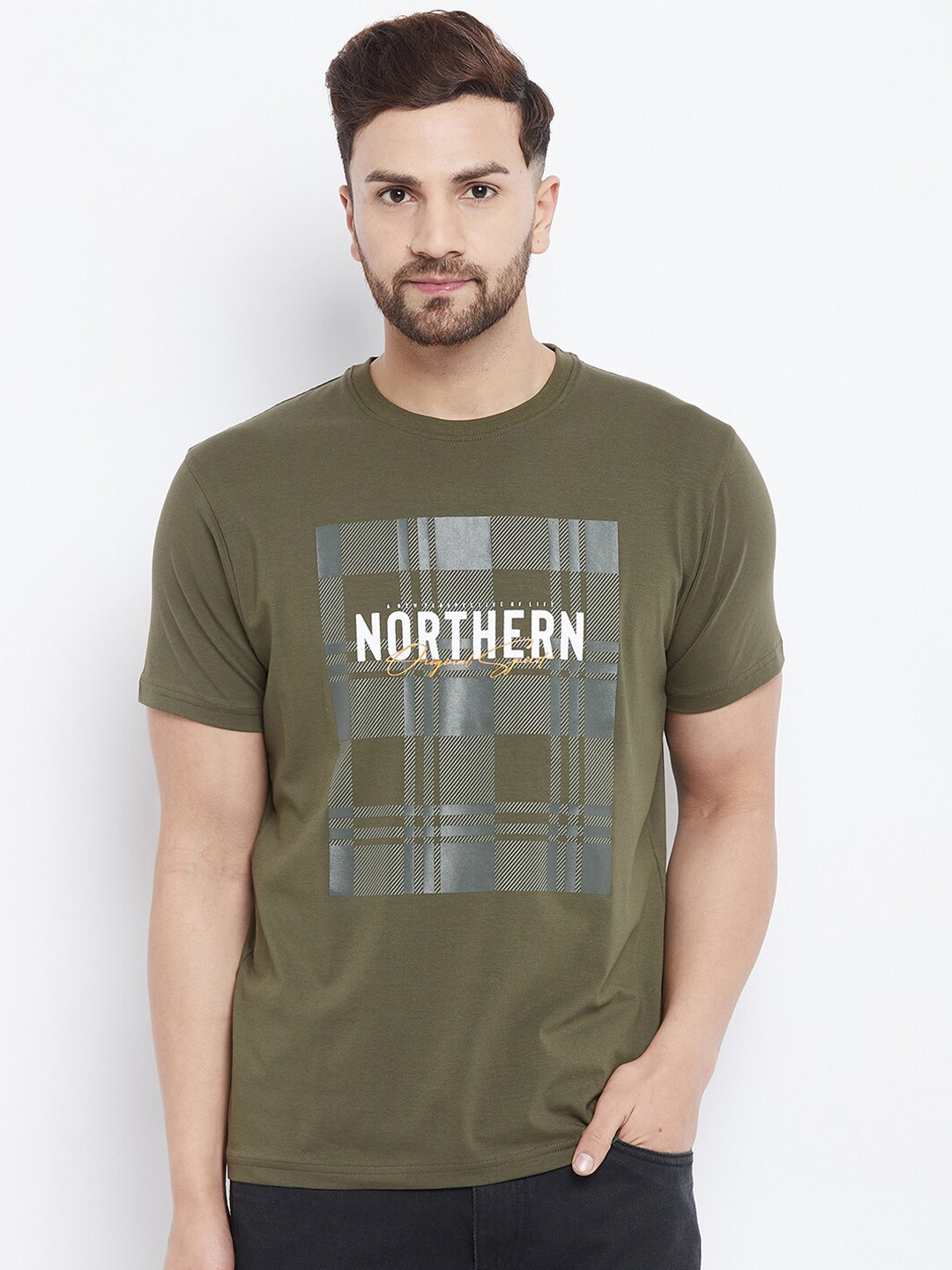 

98 Degree North Men Olive Green & White Printed Round Neck T-shirt