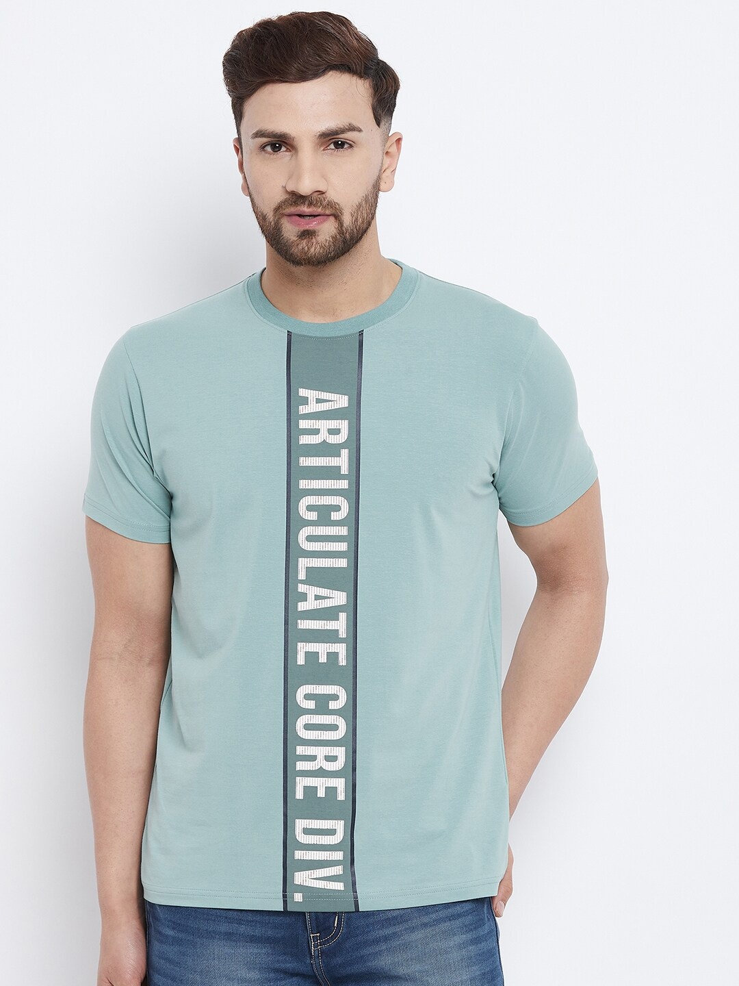 

98 Degree North Men Sea Green & White Typography Printed Raw Edge T-shirt