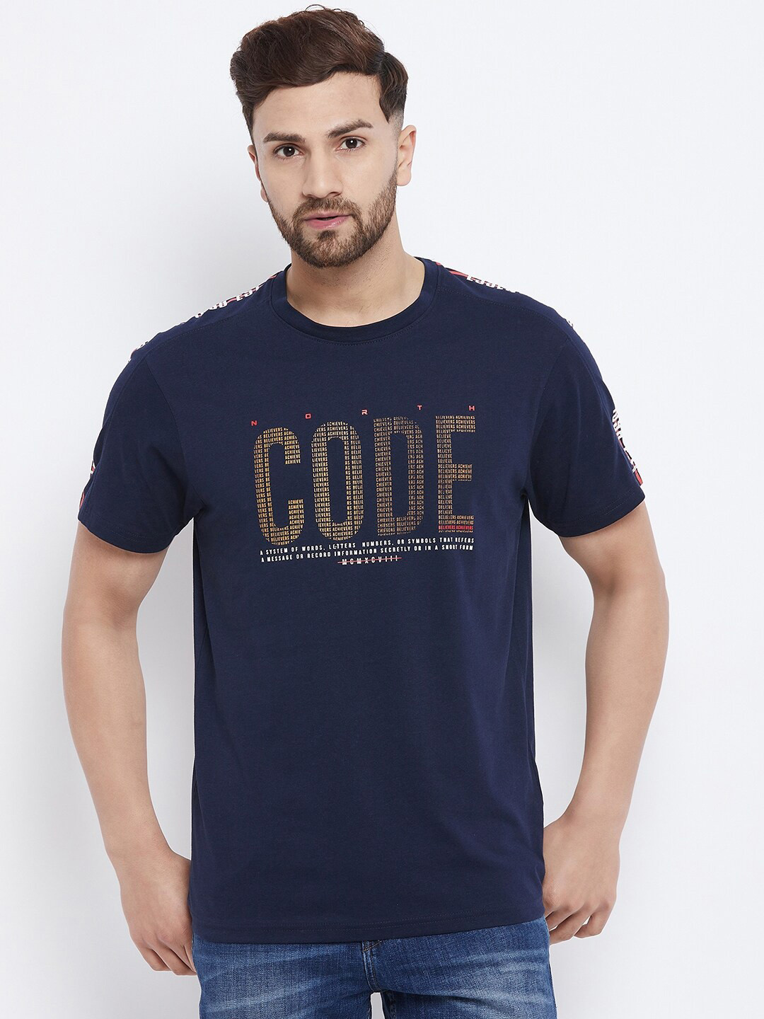 

98 Degree North Men Navy Blue Typography Printed Regular Fit T-shirt