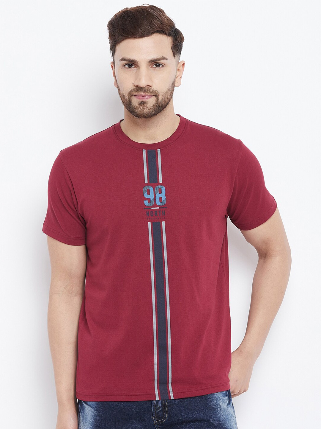 

98 Degree North Men Burgundy Printed Regular Fit T-shirt