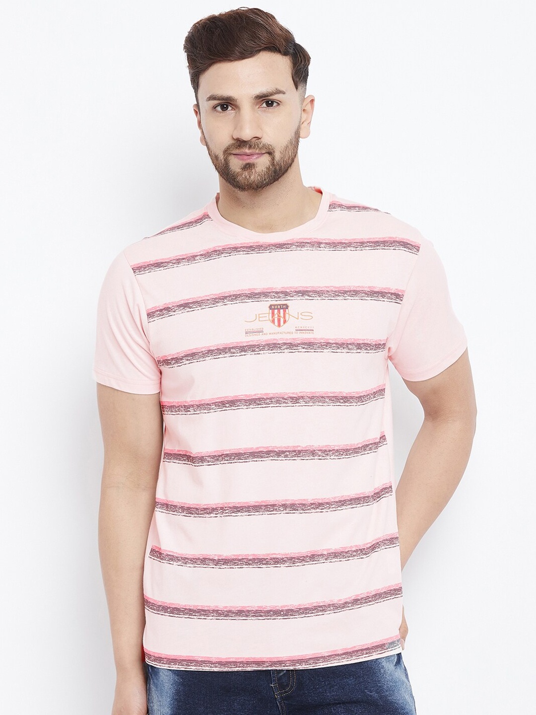 

98 Degree North Men Pink Striped Polo Collar T-shirt
