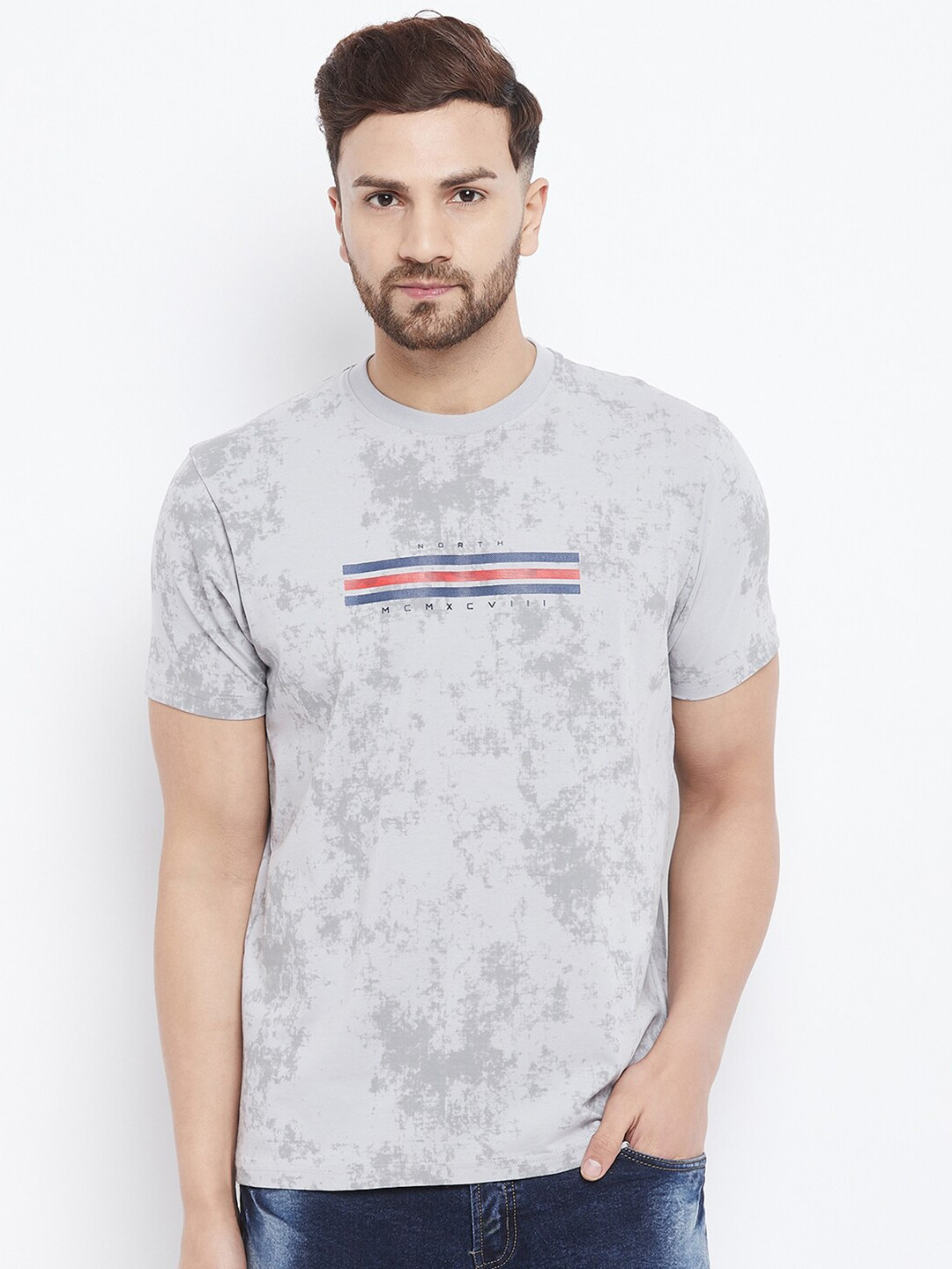 

98 Degree North Men Grey & Blue Printed Round Neck T-shirt