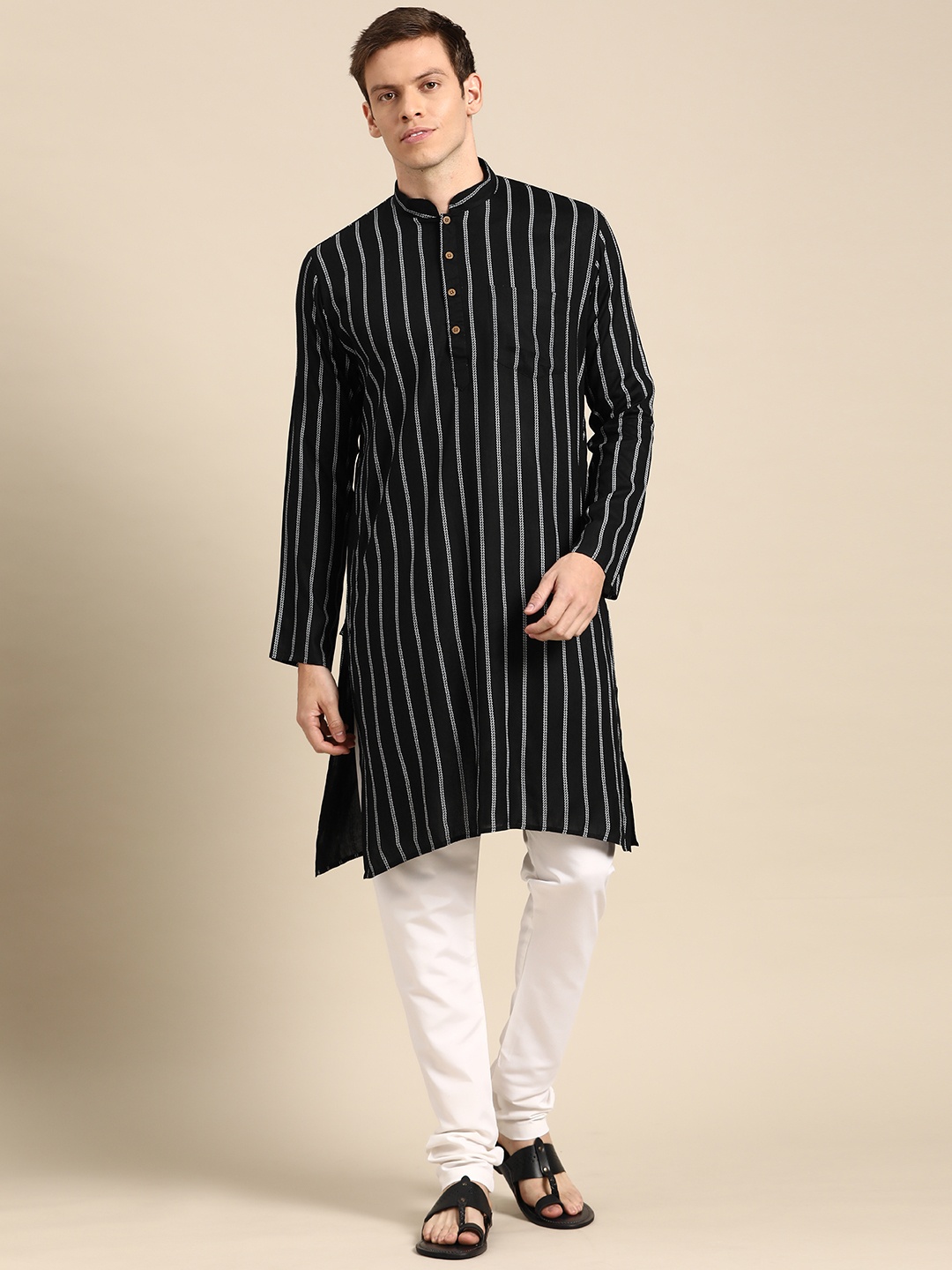 

RAJUBHAI HARGOVINDAS Men Black & White Striped Pure Cotton Kurta