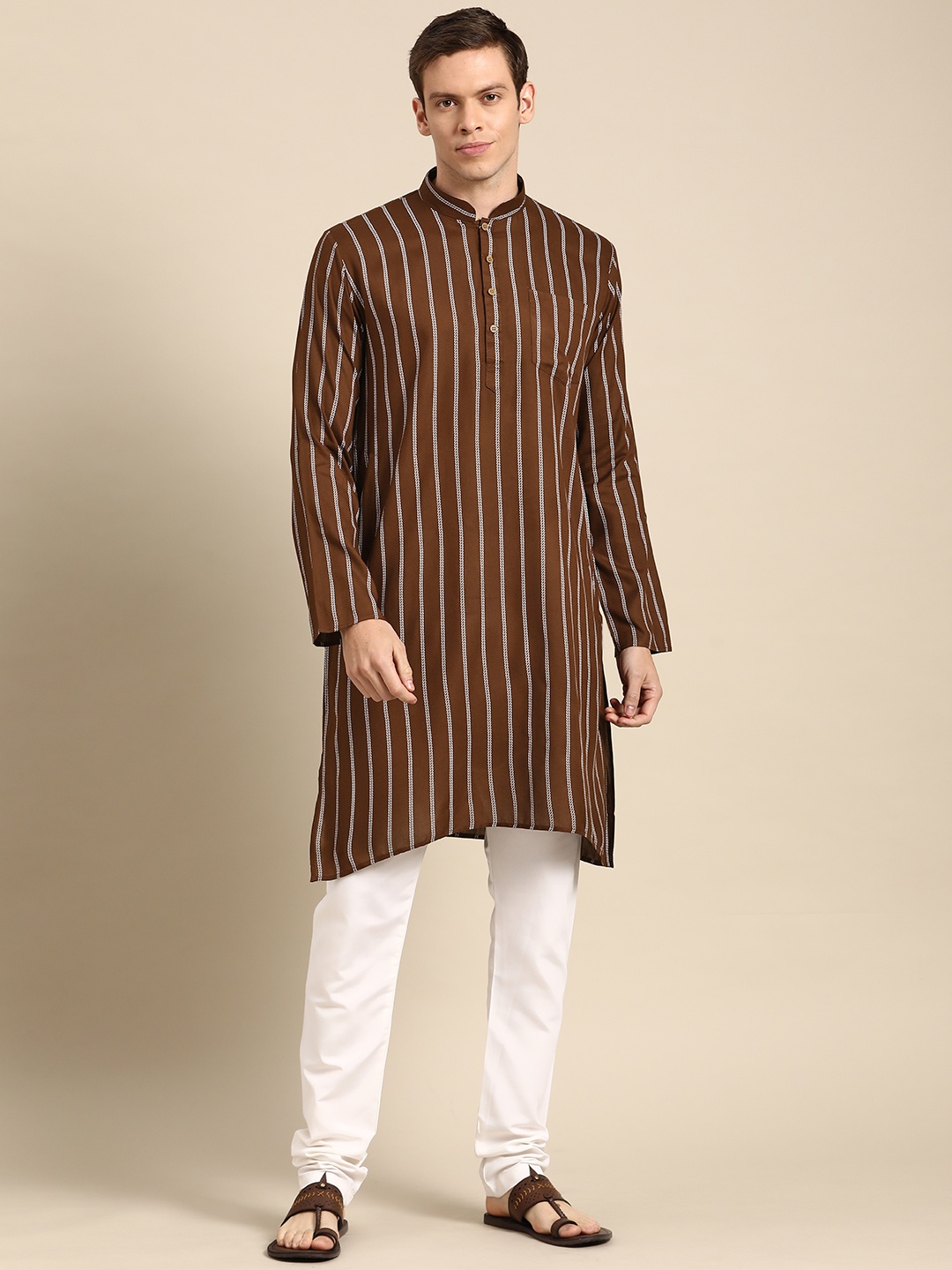 

RAJUBHAI HARGOVINDAS Men Brown & White Striped Pure Cotton Kurta