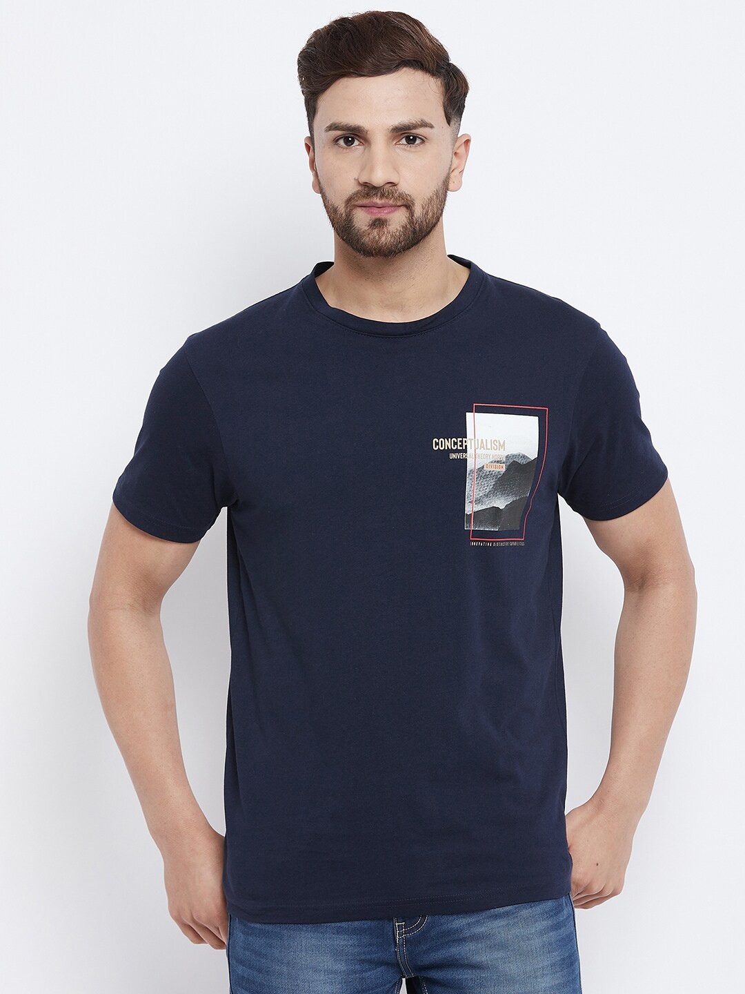 

98 Degree North Men Navy Blue & White Printed Round Neck T-shirt