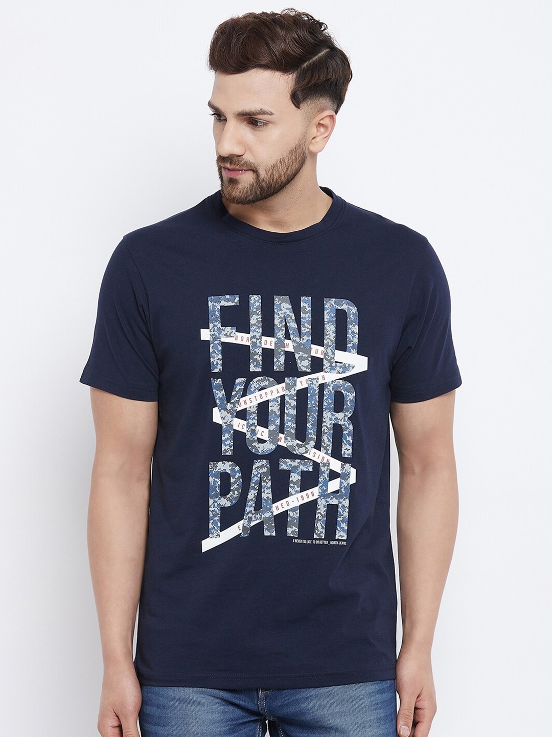 

98 Degree North Men Navy Blue & White Typography Printed T-shirt