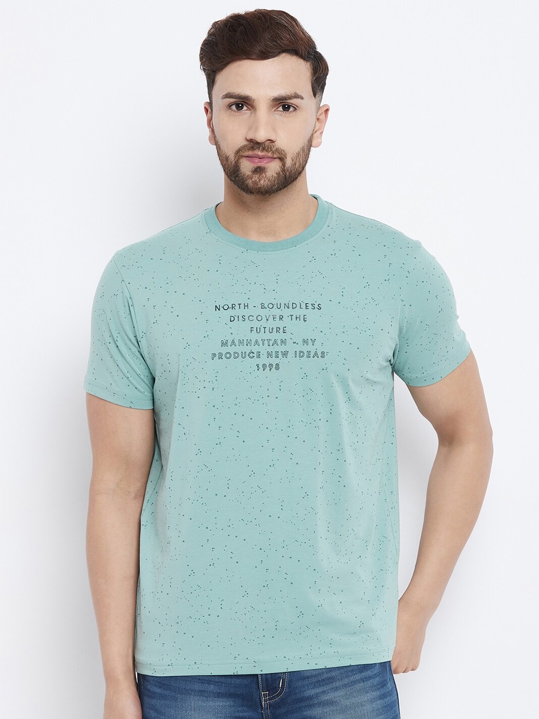 

98 Degree North Men Sea Green Typography Printed T-shirt