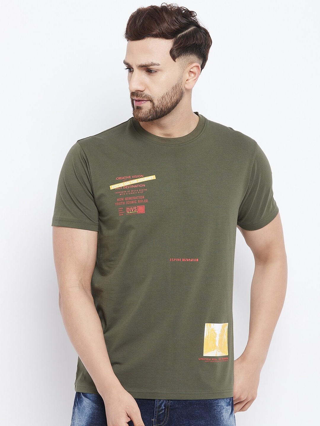 

98 Degree North Men Olive Green Typography Printed T-shirt